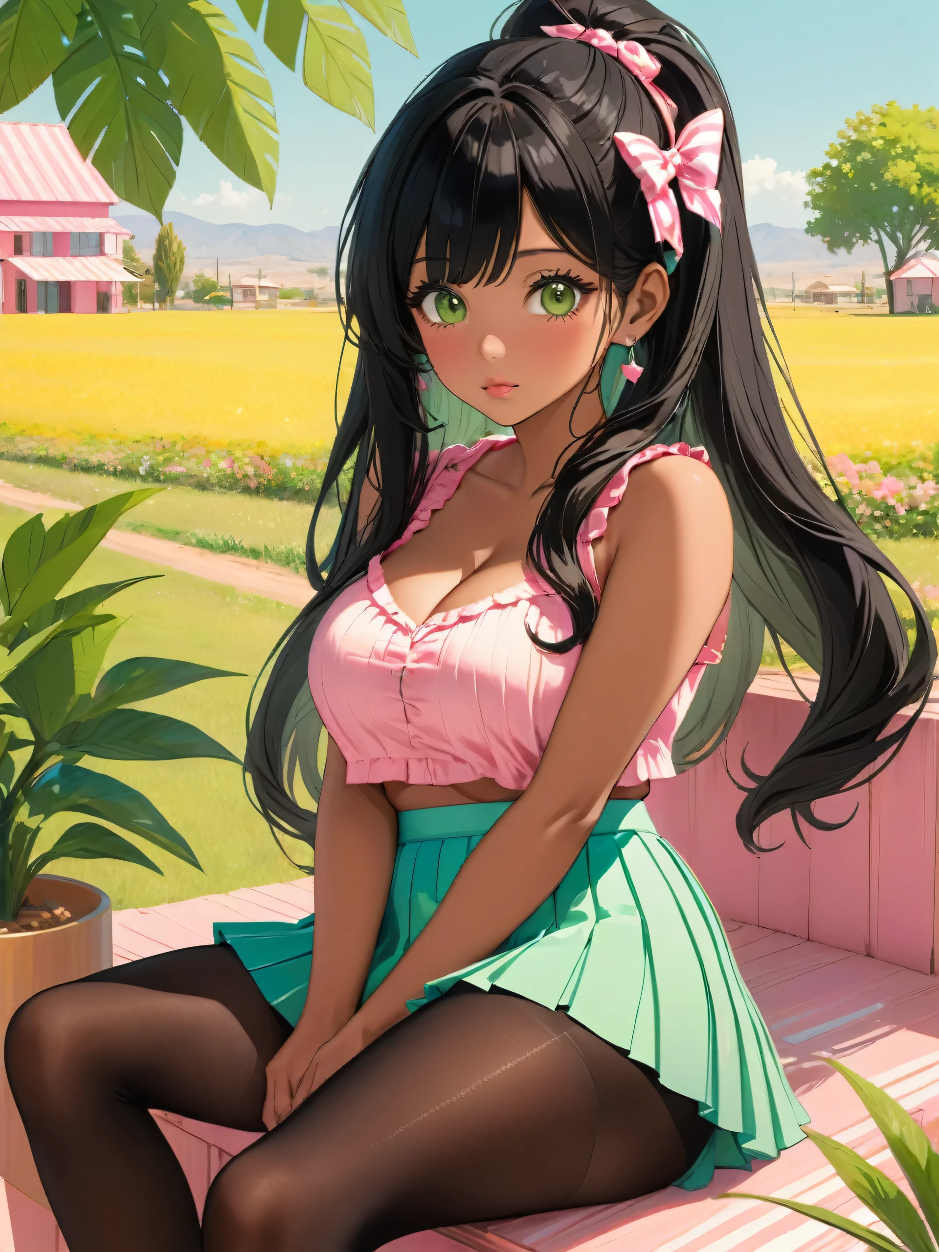 (masterpiece, best quality), (best black hair:1.3), ((long hair:1.2))+, (alternate_hairstyle:2), (authentic_skin:1.5), (gyaru style), (giant_breasts:1.5),, gyaru fashion outfit, ((pastel_pink-theme:1.2)), (graygreen eyes), thick_lips:1.2, glossy lips, summer_fashion, slim, skinny+, (narrow_waist:1.7)+, looking at viewer, matching-accessories, at elaborated and charming environment, outdoors+, landscape, beautiful view, panorama++, [[[delicate and casual outfit]]], ((cowboy_shot:1.4)), at detailed_and_aesthetic_pink_background++, (casual outfit), (girlfriend_material), confident, hair_tied, detailed_pastelpink_living-room++, photorealistic++, (well_rendered_skin+), (shiny_outfit:1.5)+. shadows+, foot,. (beautiful legs+, beautiful feets), pleated mini skirt, black pantyhose, sitting, ((accurate_foot up:1.5))+++, full boddy,