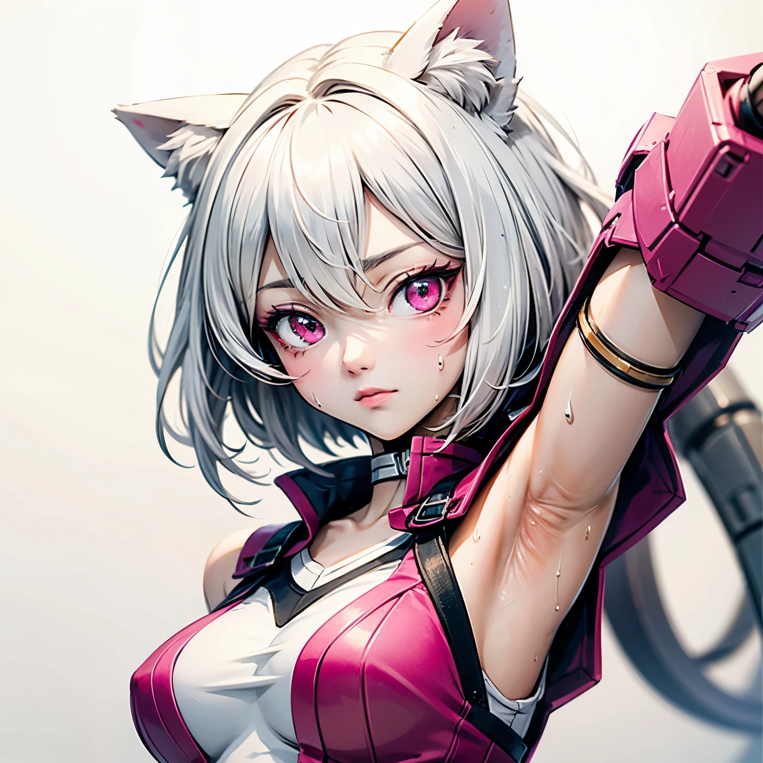 ((best quality)), ((masterpiece)), (detailed), perfect face. White hair. Short hair. Anime girl. Pink eyes. Nekomimi. Mecha. Armpit. Sweat.