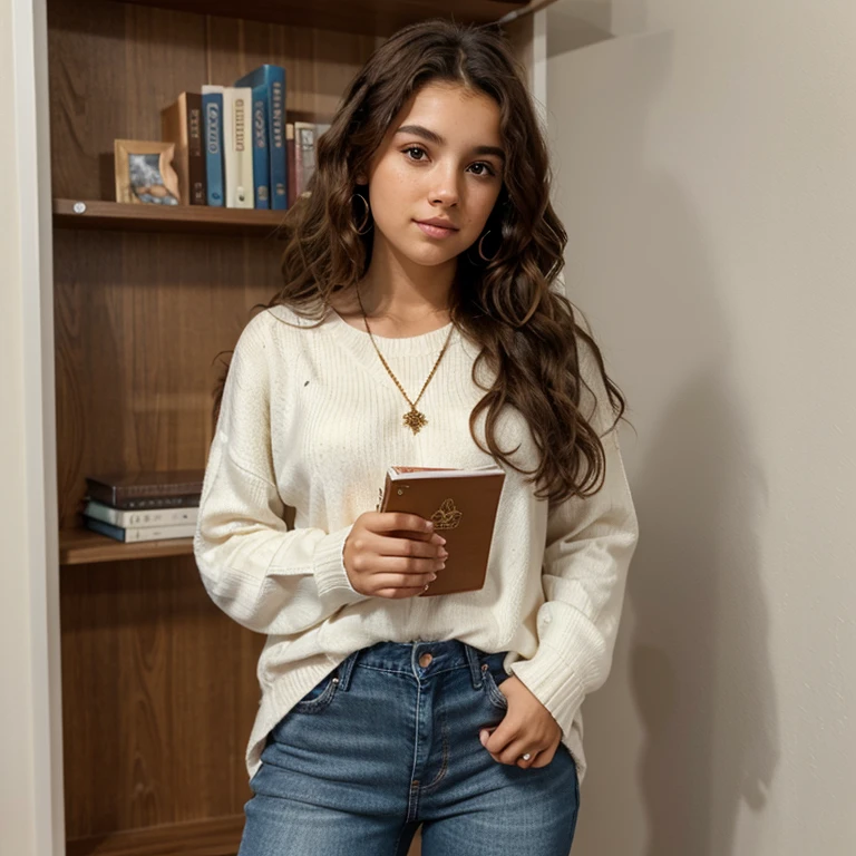 Cute brown headed girl with curly staright hairs wearing white sweater and jeans at college, nose piercing, ear piercing, cute, american, books in hand