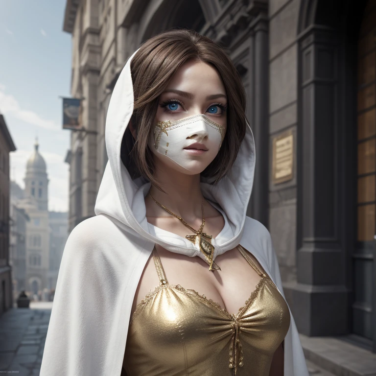 A full-body shot of Princess Zelda, brown hair, blue eyes, dressed as an Assassin from Assassins Creed, in white+gold witha white mask and hood with gold details, XL bust, using a wrist blade. Background: A city during the renaissance period. Unreal Engine 5, Anime, Anime style, Masterpiece, Well drawn eyes, well drawn face, well detailed eyes, well detailed face, 8k, light and shadow effect.