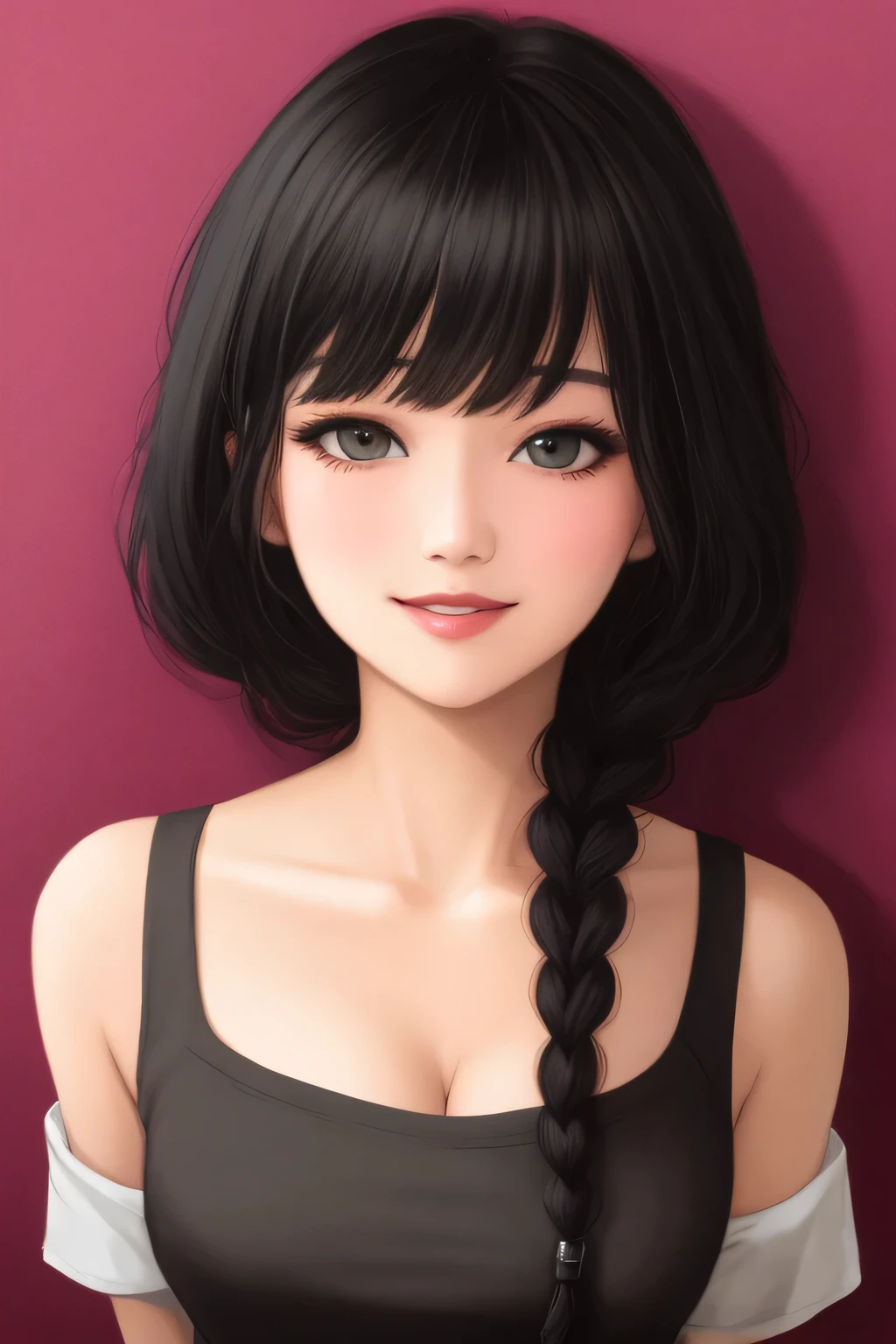 (best quality,highres),sexy,cute woman,black hair braided,soft,seductive eyes,blushing,parted pink lips,seductive smile,long neck,collarbone,medium chest,cleavage emphasised,off shoulder t-shirt,bare shoulders,portraits