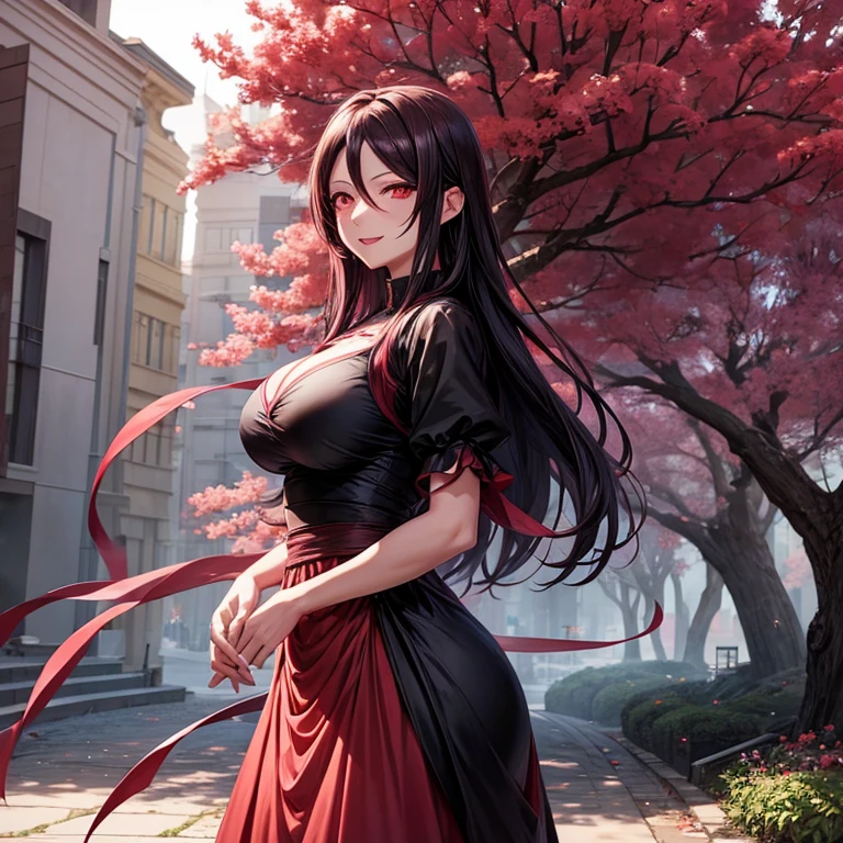 Uchiha_Madara, big_breast, standing, One, Madara_black_dress, masterpiece, Best quality, detailed face, Detailed red eyes, a high resolution, smile, hit, Sakura trees,