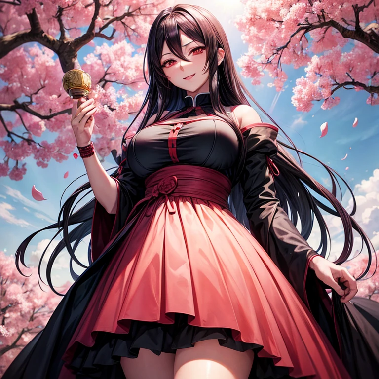 Uchiha_Madara, big_breast, standing, One, Madara_black_dress, masterpiece, Best quality, detailed face, Detailed red eyes, a high resolution, smile, hit, Sakura trees,
