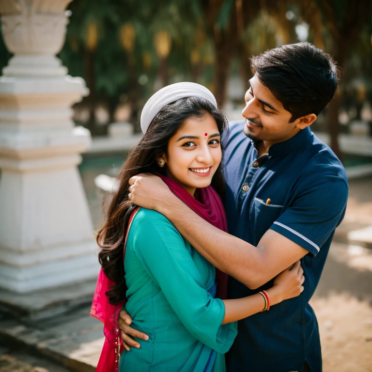 Two India couples hugging and looking into eyes