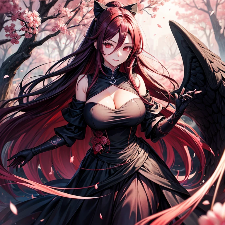 Uchiha_Madara, big_breast, standing, One, Madara_black_dress, masterpiece, Best quality, detailed face, Detailed red eyes, a high resolution, smile, hit, Sakura trees,