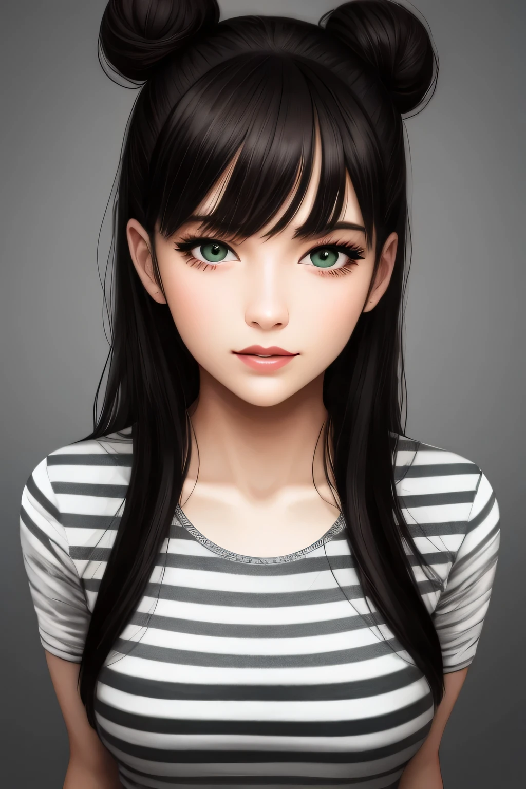 (best quality, highres:1.2), ultra-detailed, realistic:1.37, portraits, seductive gaze,detailed beautiful eyes,detailed long eyelashes,detailed lips,parted lips,intense blush,soft smile,soft smile and gaze,sexy woman, messy bun hairstyle, black hair,luscious black hair,cute bun, black and white striped t shirt, dark green skirt,medium chest, perfect body