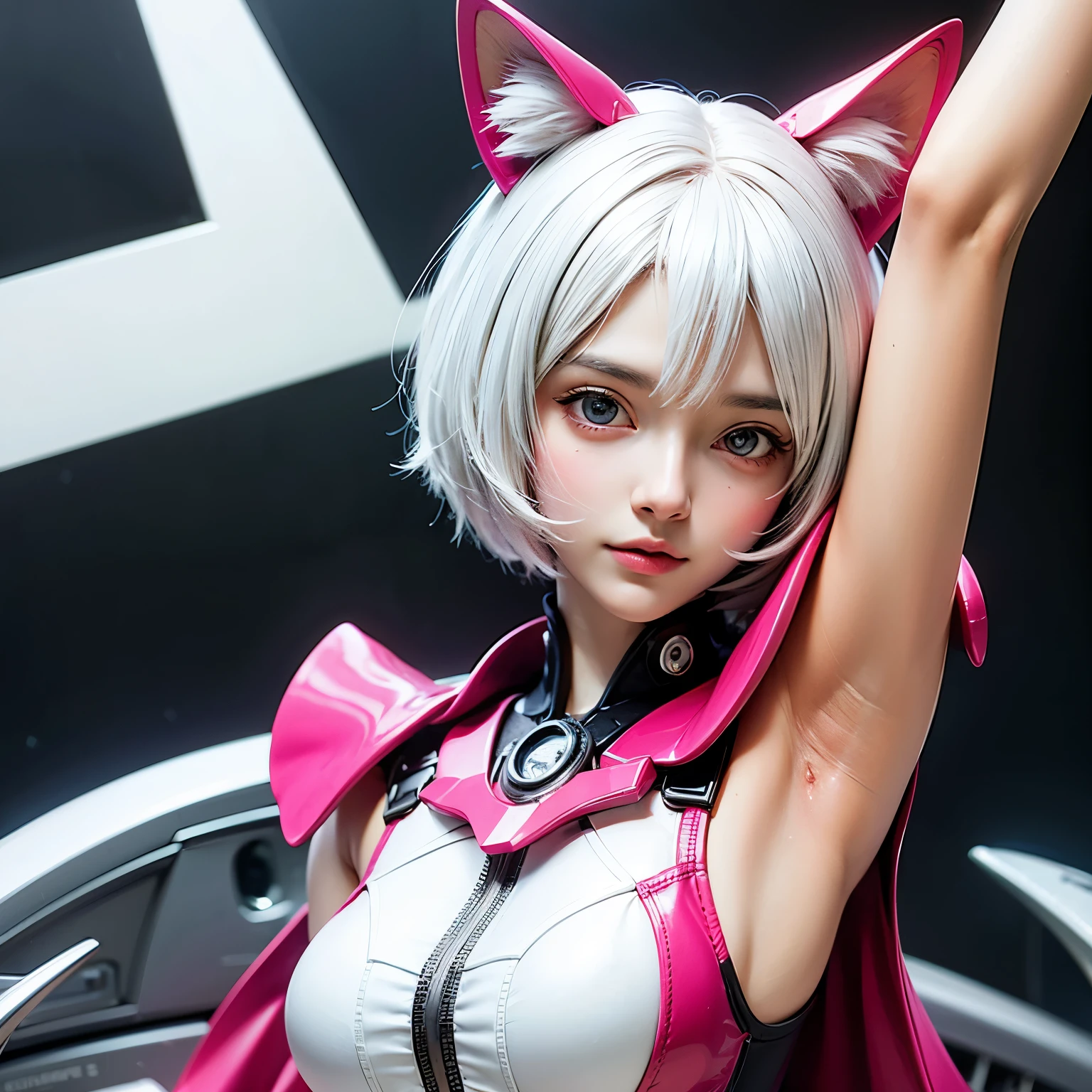 ((best quality)), ((masterpiece)), (detailed), perfect face. White hair. Short hair. Anime girl. Pink eyes. Nekomimi. Mecha. Armpit.