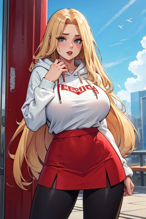 Girl with long blonde hair, hair down, red lips, big breasts, wearing a hoodie, mini skirt, leggings