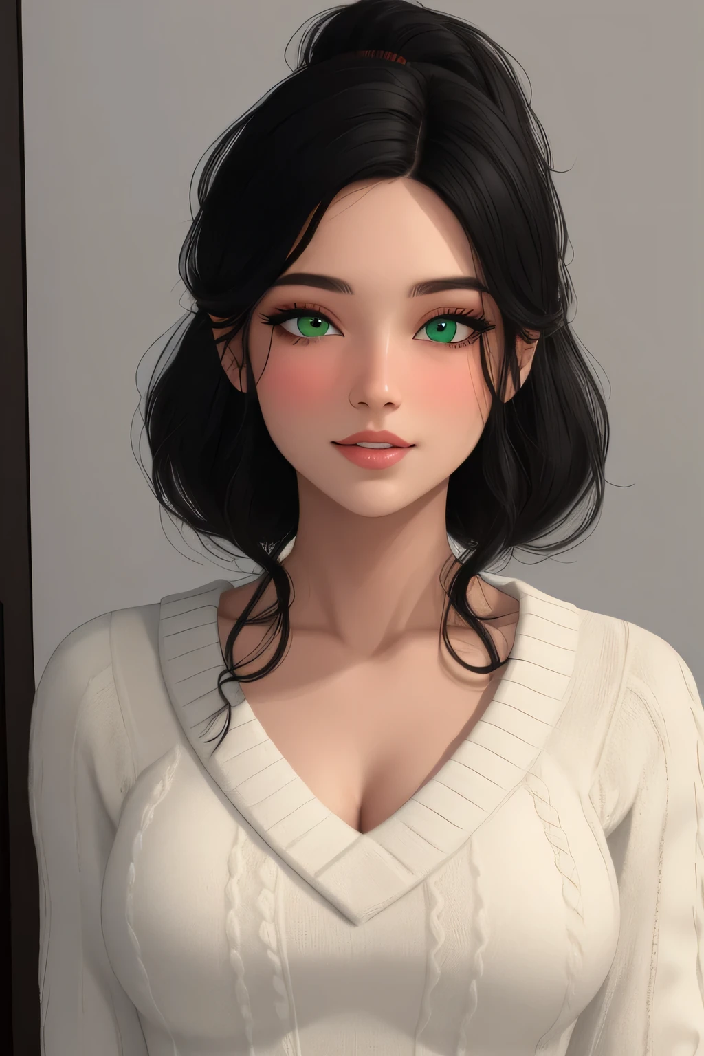 (best quality, highres:1.2), ultra-detailed, realistic:1.37, portraits, seductive gaze,detailed beautiful eyes,detailed long eyelashes,detailed lips,parted lips,intense blush,soft smile,soft smile and gaze,sexy woman, ponytail hairstyle, black hair,luscious black hair,cute ponytail,green sweater,cream cargo pants, medium chest, perfect body