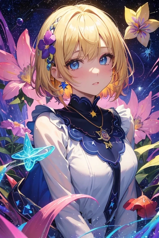 Melody Mark,highest quality、Tabletop、1 female、alone、(Abstract art:1.4),(Psychedelic Theme:1.6),(Gunjo World:1.5),(Lots of creatures:1.5),(Space World:1.5),(At the center of the world is the most beautiful woman in the world),(Many stars are falling:1.5),A ray of light spreads,Crystals spreading from the center,Prisma(Nostalgic scenery:1.5),(Colorful flowers:1.5),Garden Girl,Absurd, Very detailed,Bright colors, Very beautiful and detailed anime faces and eyes,short hair,Asymmetrical bangs, Blonde hair in short pigtails, Shiny Hair, Delicate and beautiful face, blush、blue eyes, White skin, Valletta, Earrings, necklace,