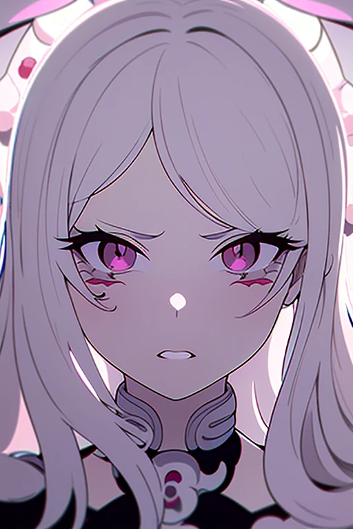 obra maestra, mejor calidad, Alta calidad, 1 chica, solo, enfoque femenino, lista para atacar, disapproval in his eyes, (((cabello largo, blanco y ondulado, ojos rosas, boku no hero)))