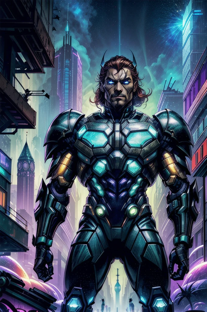  super vilain called dark beetle,  Egyptian beetle, rhino beetle super villain, cyberpunk cityscape, neon lights, dark alleys, skyscrapers, futuristic, vibrant colors, high contrast, highly detailed, (1man,  old russian male:1.2), wise,  purple eyes, dark red hair, side part,
 portrait, solo, (full body:0.6), looking up, detailed background, detailed face, (green-powered, solarpunk theme:1.1),  oracle of the armageddon, gazing into the abyss, wearing torn clothes, cosmic surrounded by evil aura, chaos,  the end of life, floating particles,  eternal winter and frost, ancient mythological prophecy fulfilled, galactic doom in background, maddening chants, apocalyptic atmosphere,