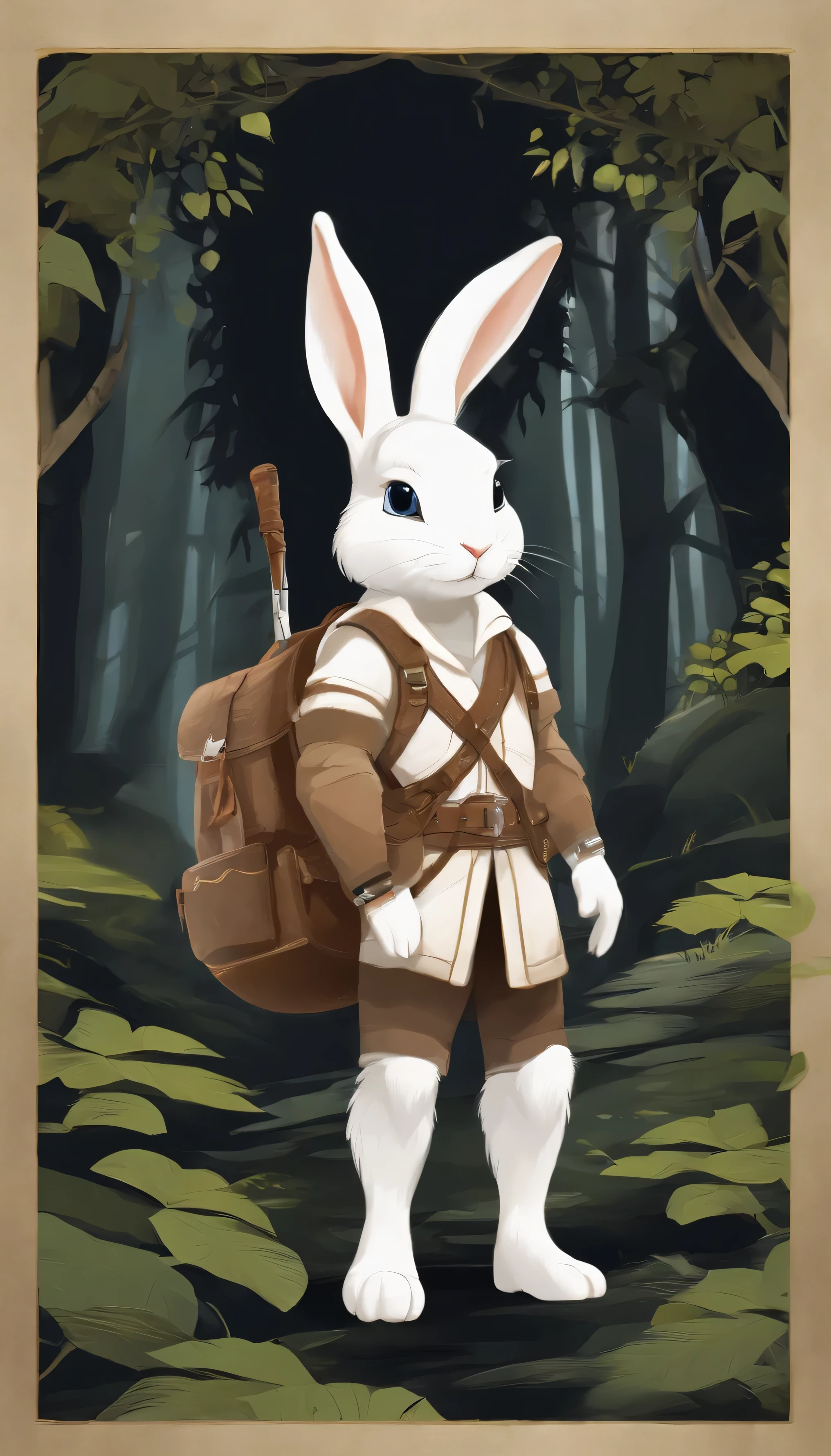 Classic negative portrait photo，Fantasy video game character concept art，A cute white fluffy rabbit，There is an explorer temperament。The eyes have God，Carrying a small brown leather backpack，Watch the map and hike through the forest，dungeons and dragons，fantasy，rios，haze，Halo，blooms，Dramatic atmosphere，Dark fantasy films of the 1970s，at centre，the rule of thirds