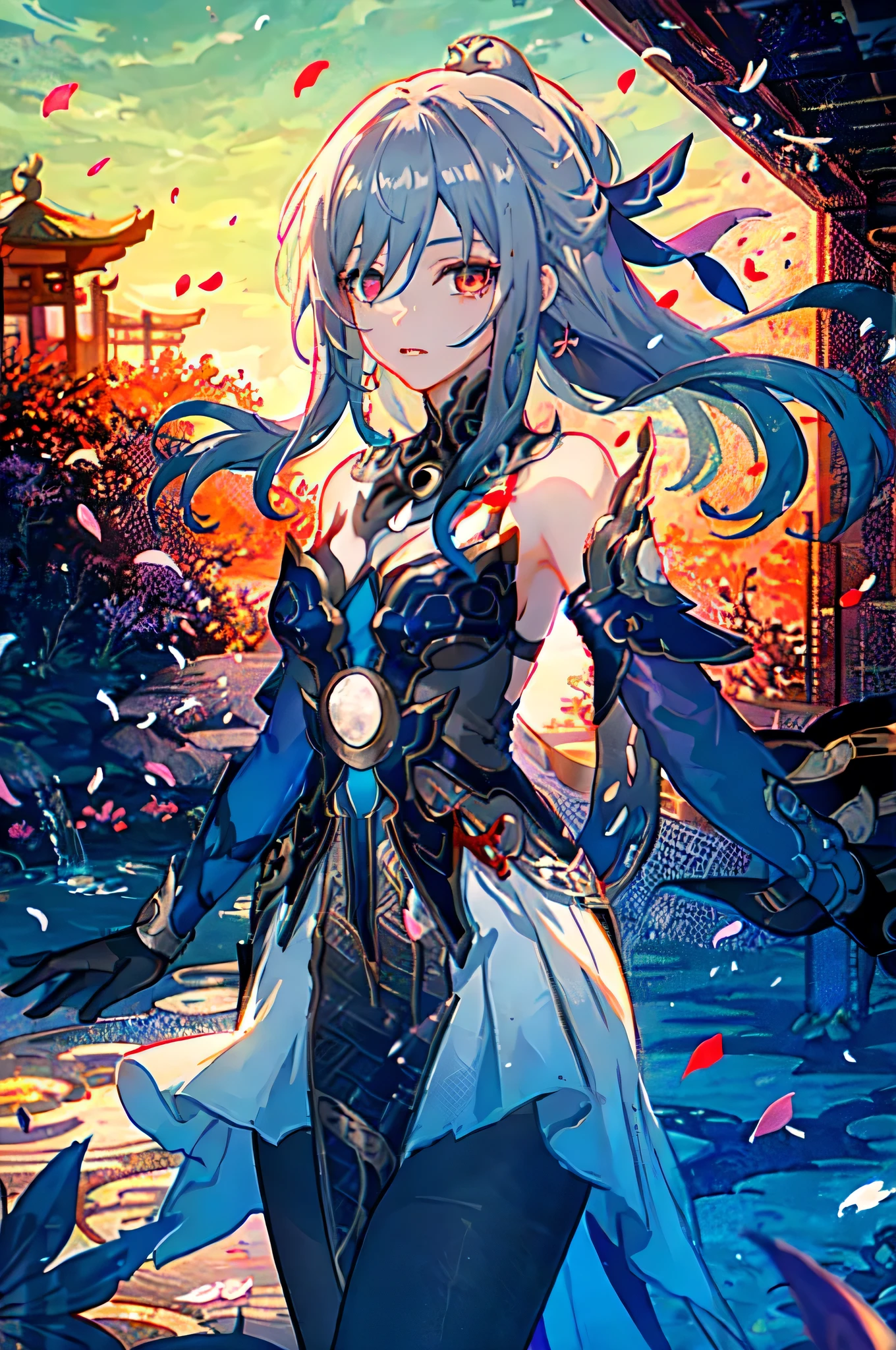 1girl, jingliu \(honkai: star rail\), black gloves, blue dress, detached sleeves, hair ribbon, white skirt, pelvic curtain, halterneck, looking at viewer, parted lips, adjusting hair, petals, floating hair, cowboy shot, depth of field, garden, east asian architecture, Pantyhose