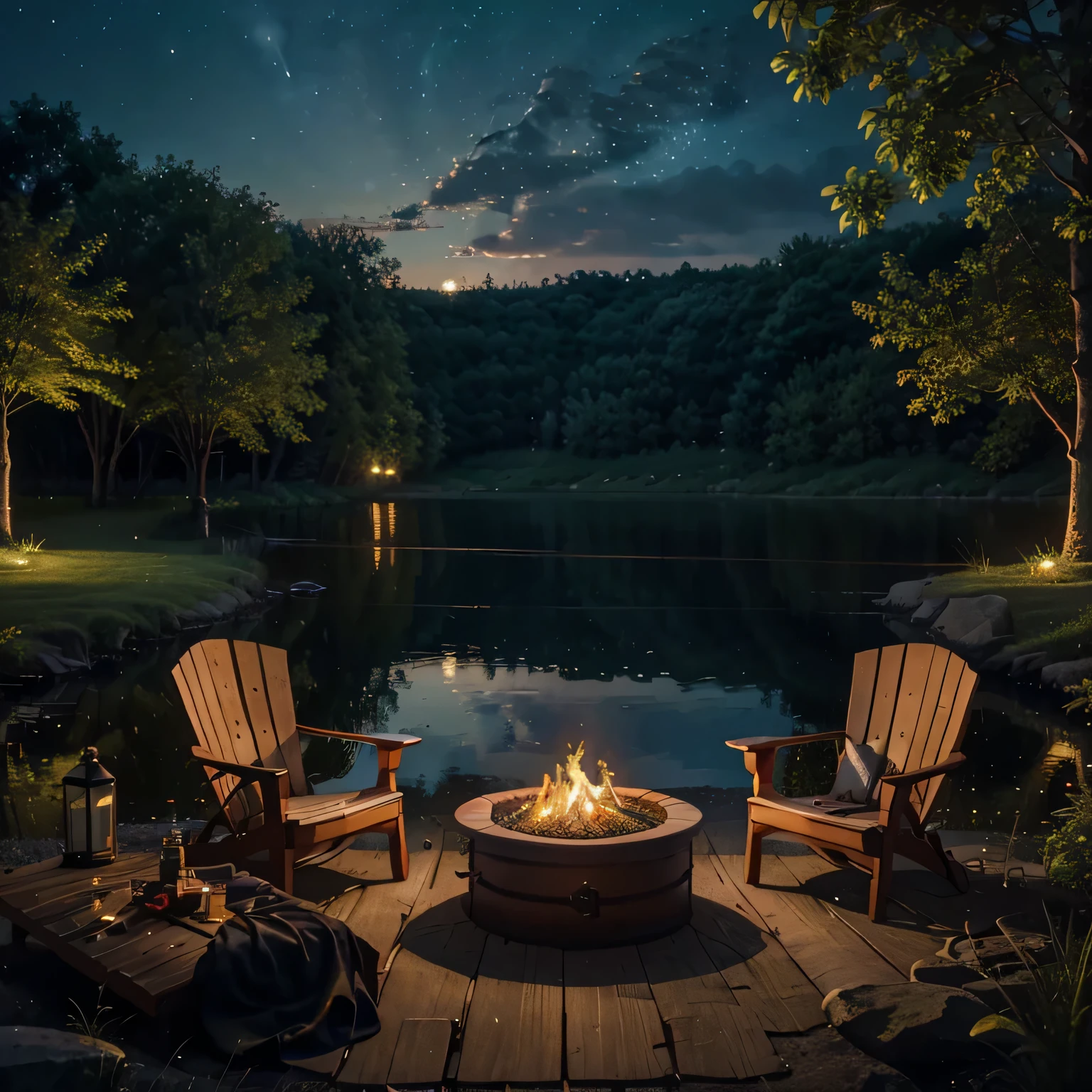 a close up of a fire pit with two chairs near a lake, calm night. digital illustration, beautiful art uhd 4 k, cozy night fireflies, serene evening atmosphere, detailed painting 4 k, artwork, jen bartel, warm beautiful scene, dreamy night, background artwork, stary night painting, dream scenery art, scenery art detailed, night scenery
