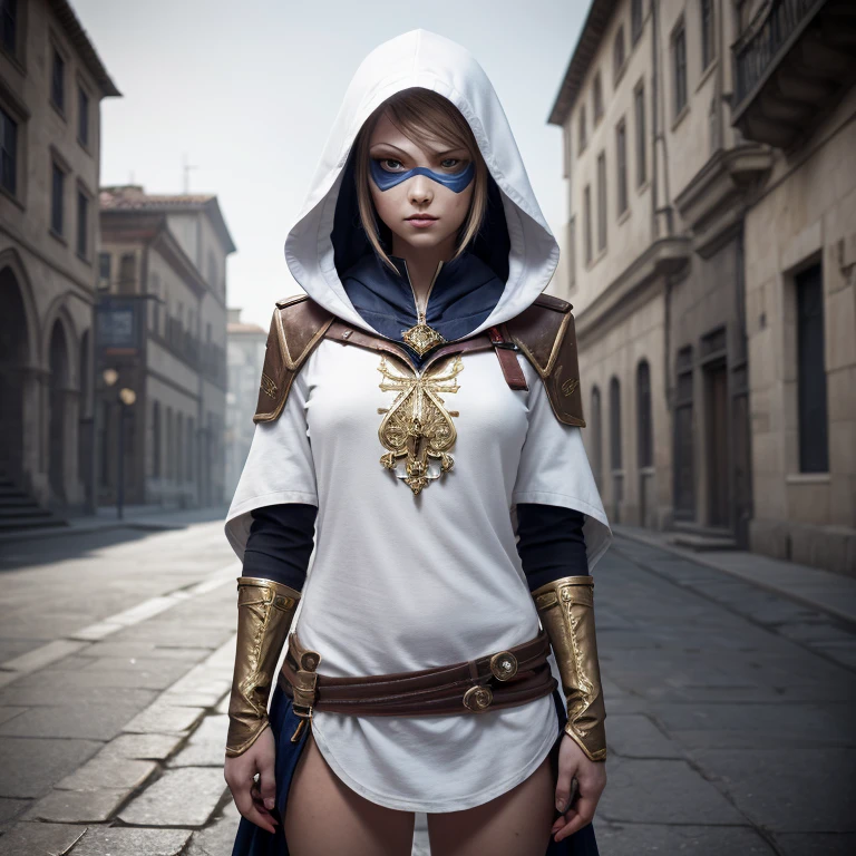 A full-body shot of Princess Zelda, brown hair, blue eyes, dressed as an Assassin from Assassins Creed, in white+gold witha white mask and hood with gold details, XL bust, using a wrist blade. Background: A city during the renaissance period. Unreal Engine 5, Anime, Anime style, Masterpiece, Well drawn eyes, well drawn face, well detailed eyes, well detailed face, 8k, light and shadow effect.