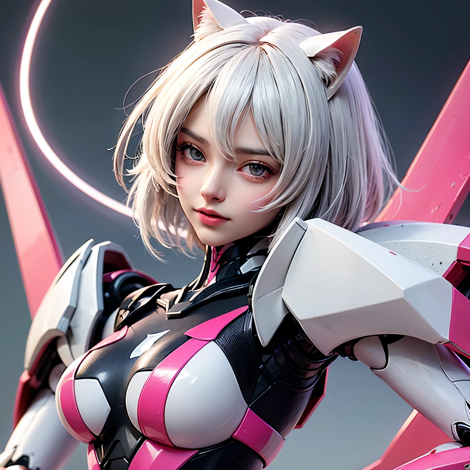 ((best quality)), ((masterpiece)), (detailed), perfect face. White hair. Short hair. Anime girl. Pink eyes. Nekomimi. Mecha. Armpit.