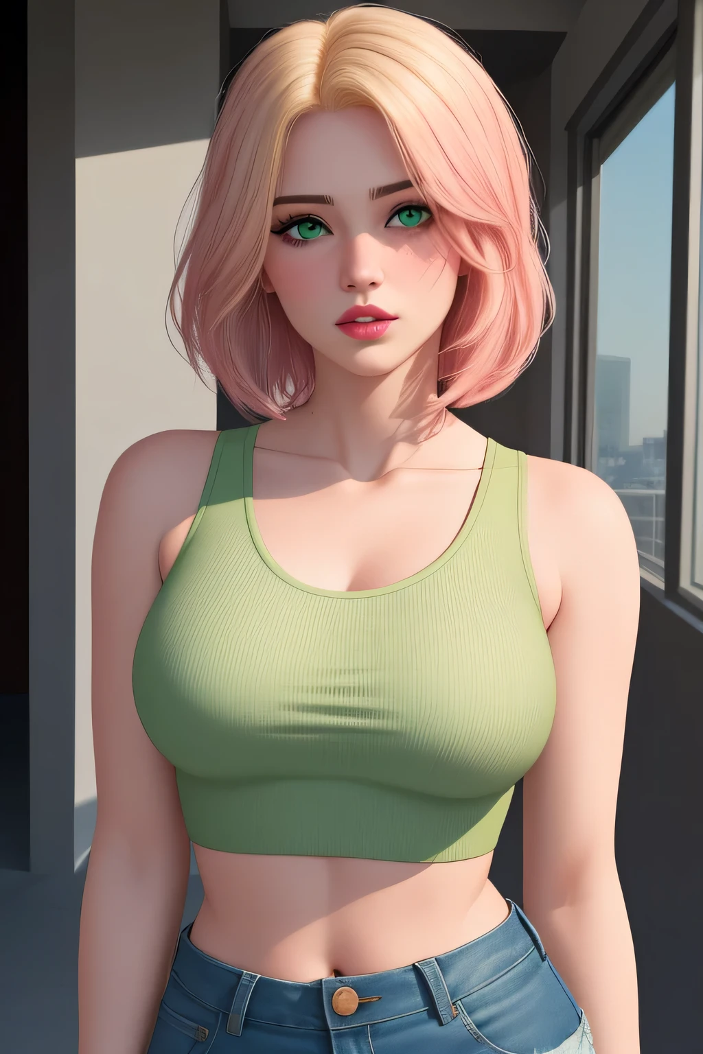 (best quality,4k,8k,highres,masterpiece:1.2),ultra-detailed,(realistic,photorealistic,photo-realistic:1.37),portrait,y woman,beautiful face,blonde hair,short bob hairstyle,seductive gaze,green eyes,pale skin turning pink,beautiful pink lips parted,sleeveless tight red crop top,denim short shorts