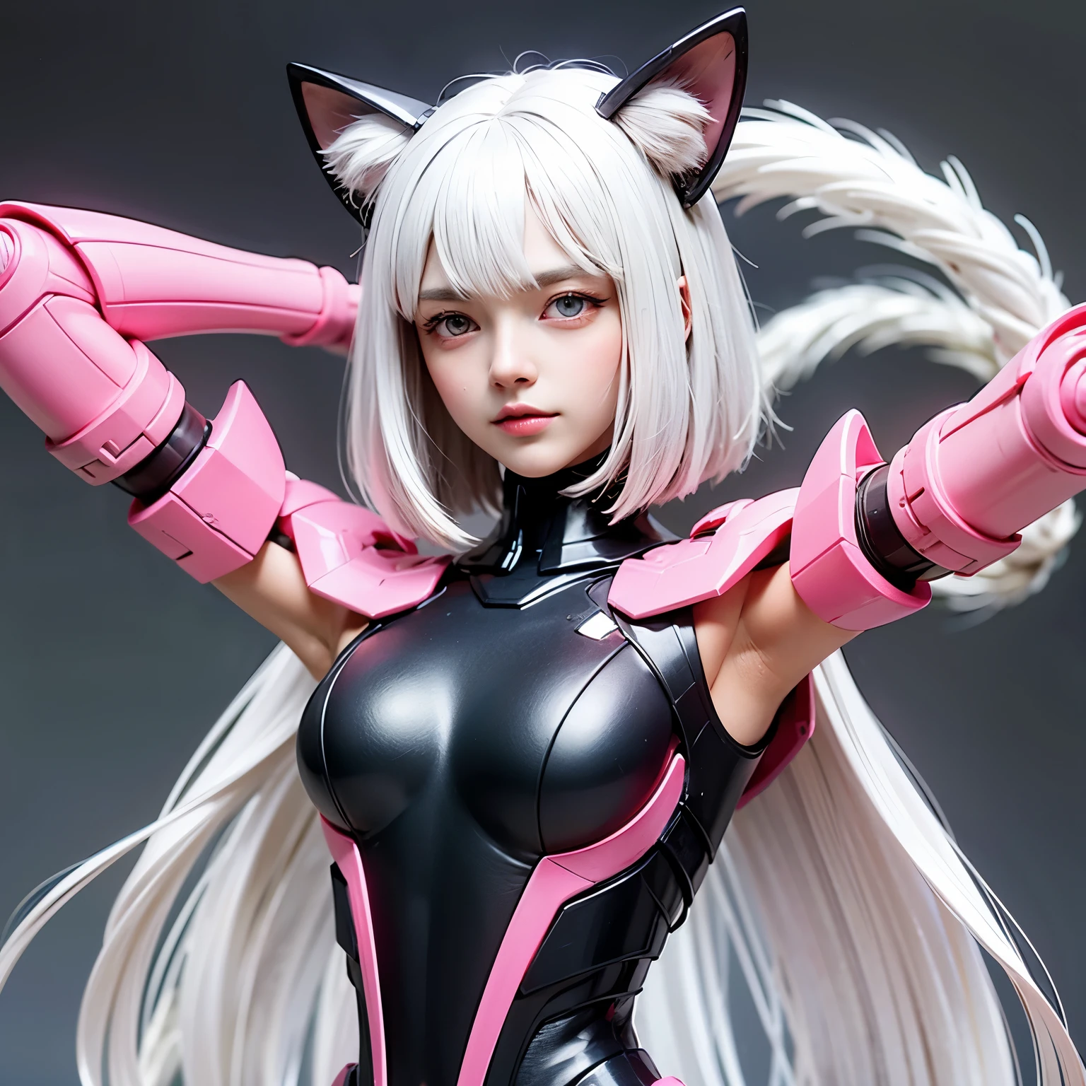 ((best quality)), ((masterpiece)), (detailed), perfect face. White hair. Short hair. Anime girl. Pink eyes. Nekomimi. Mecha. Armpit.