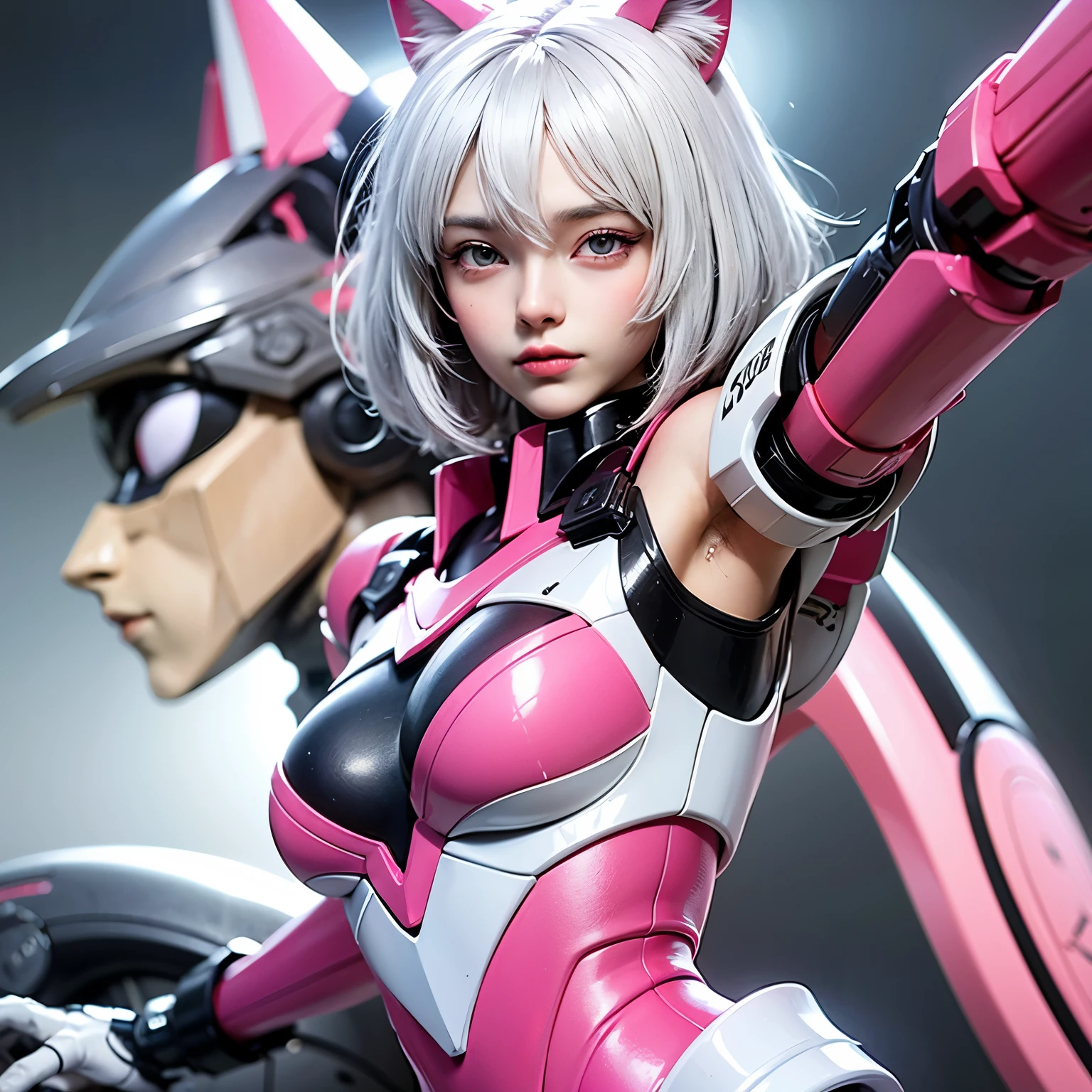 ((best quality)), ((masterpiece)), (detailed), perfect face. White hair. Short hair. Anime girl. Pink eyes. Nekomimi. Mecha. Armpit.