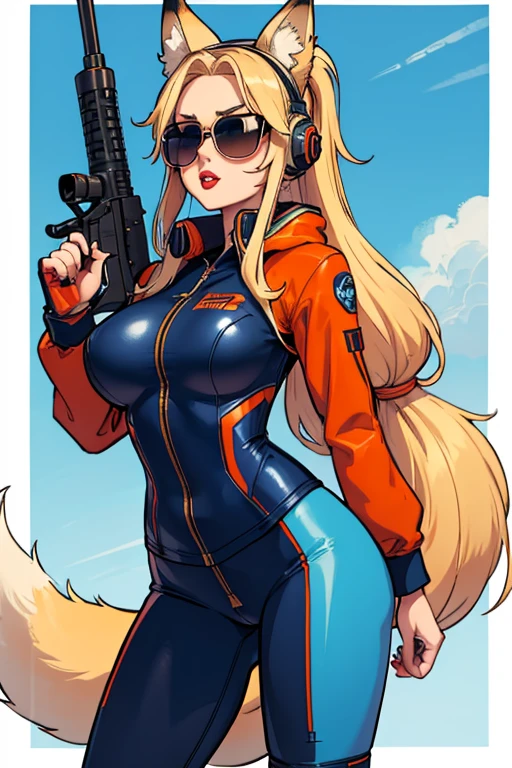 Girl with long blonde hair in a ponytail, red lips, blonde fox ears and tail, big breasts, wearing a tight light blue and orange pilot suit, headphones, sunglasses, holding an m16 rifle