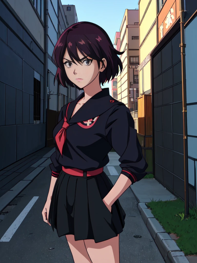 (perfect composition), (high resolution, masterpiece, ultra best quality, ultra HD, 4k,HD, high detailed ),anime character Sukeban delinquent girl  standing on a city street corner in black seifuku with black very long skirt, anime style. 8k, anime style mixed with fujifilm, retro anime girl, anime styled digital art, in tokyo, anime style illustration, anime style 4 k, anime style artwork, anime poster film still portrait, tokyo anime scene, modern anime style, anime style digital art, short hair, 26year old, red converse,