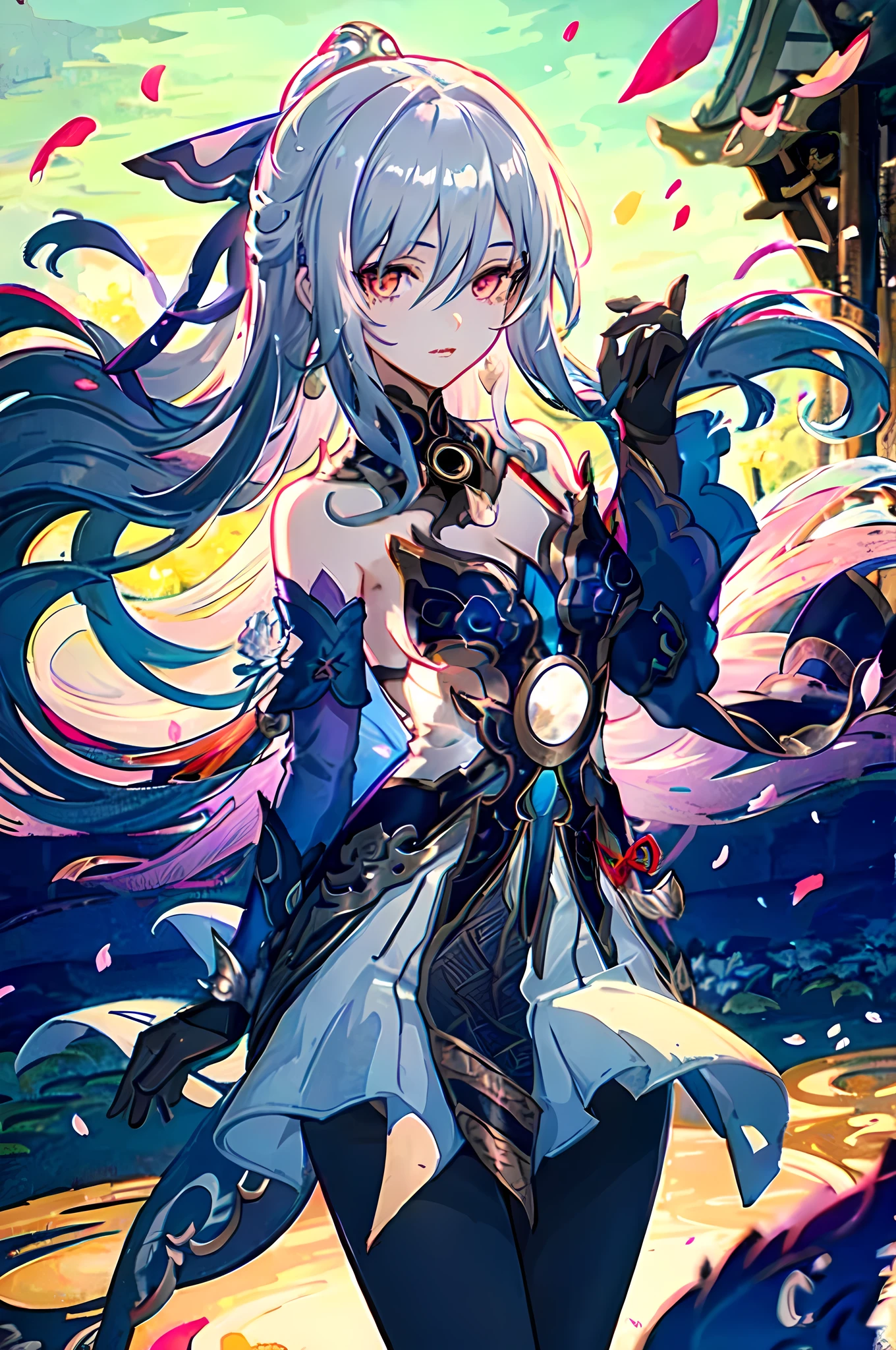 1girl, jingliu \(honkai: star rail\), black gloves, blue dress, detached sleeves, hair ribbon, white skirt, pelvic curtain, halterneck, looking at viewer, parted lips, adjusting hair, petals, floating hair, cowboy shot, depth of field, garden, east asian architecture, Pantyhose
