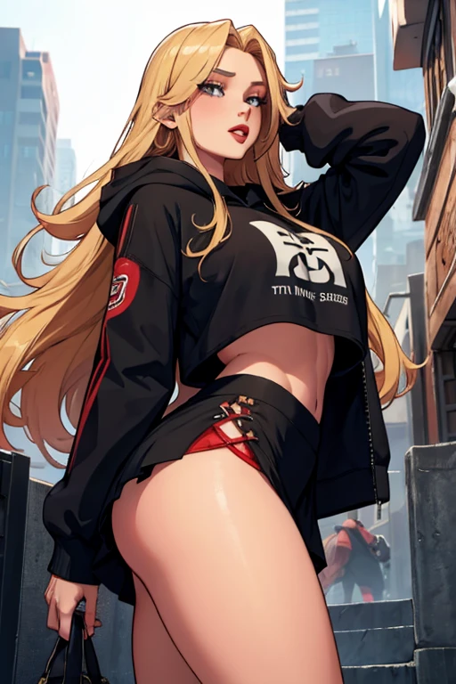 Girl with long blonde hair, hair down, red lips, big breasts, wearing a hoodie, mini skirt, leggings