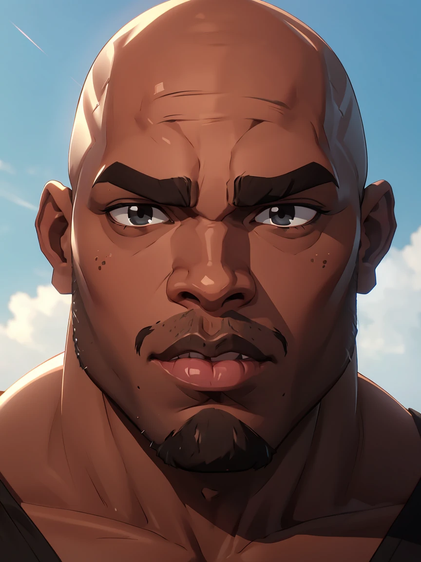 huge muscualar black dude, wide body, black skin, wide mouth, large lips, bald, flat wide nose, tall, ((close up of face))