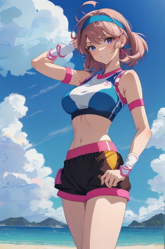 safe for work,(perfect composition),imagined a girl in extreme sport outfit playing to a flying disc game in a beach arena game sport, masterpiece, ultra-detailed, 80's anime (style), 2D, megapixel, perfectionism, full HD , 4K, (windjammers), windjammers sport game, windjammers 2 (((((solo mature anime woman,)))))++++++++++++++++++, looking at viewer, full body, brown hair and pink hair, short hair, weird hair, smile, lips, eyelashes, medium breasts, gym uniform, uniform, gym shorts, headband, sports bra, elbow pad, knee pad, extreme sports outfit 80's theme, beach background, playing flying disc game on a beach court game, sea, sun in the sky, sports wear