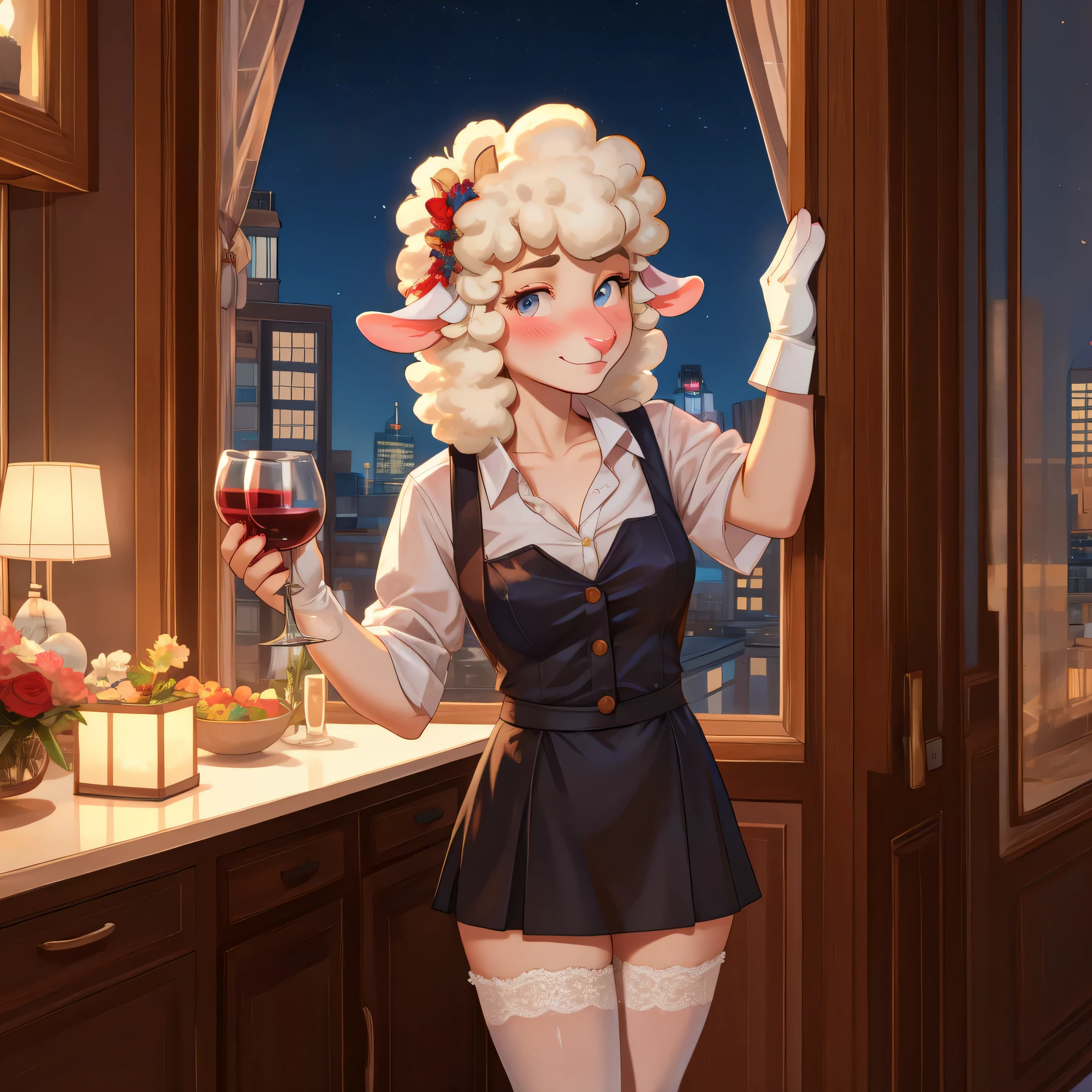 sheep, female, white blouse, black miniskirt, white gloves, white stockings, drinking wine, lean against wall, teasing, blush, smirk, on 32 floor, panoramic window, city behind window, night