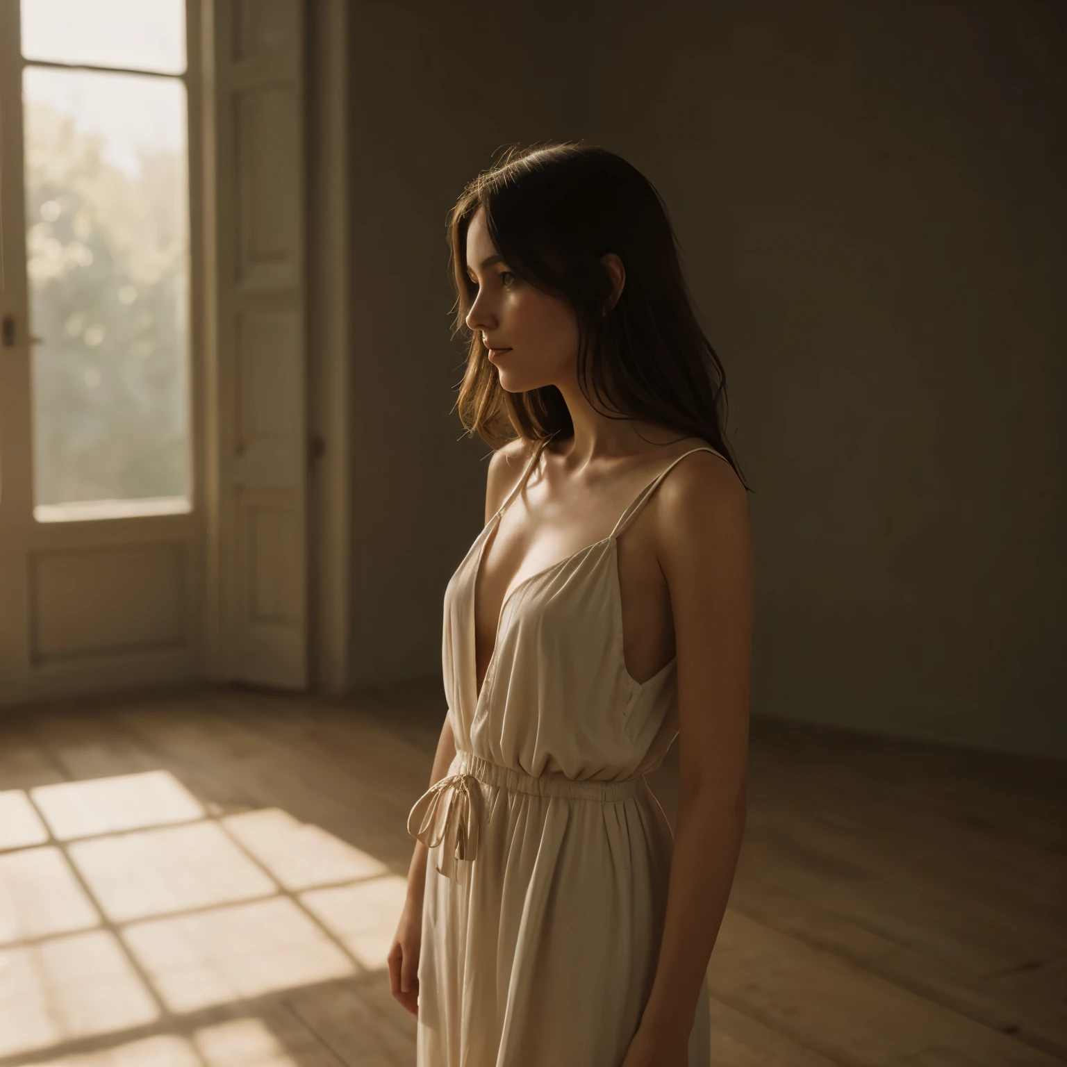 Slender brunette Irish woman, loose dress , soft lighting with shadows, portrait pose