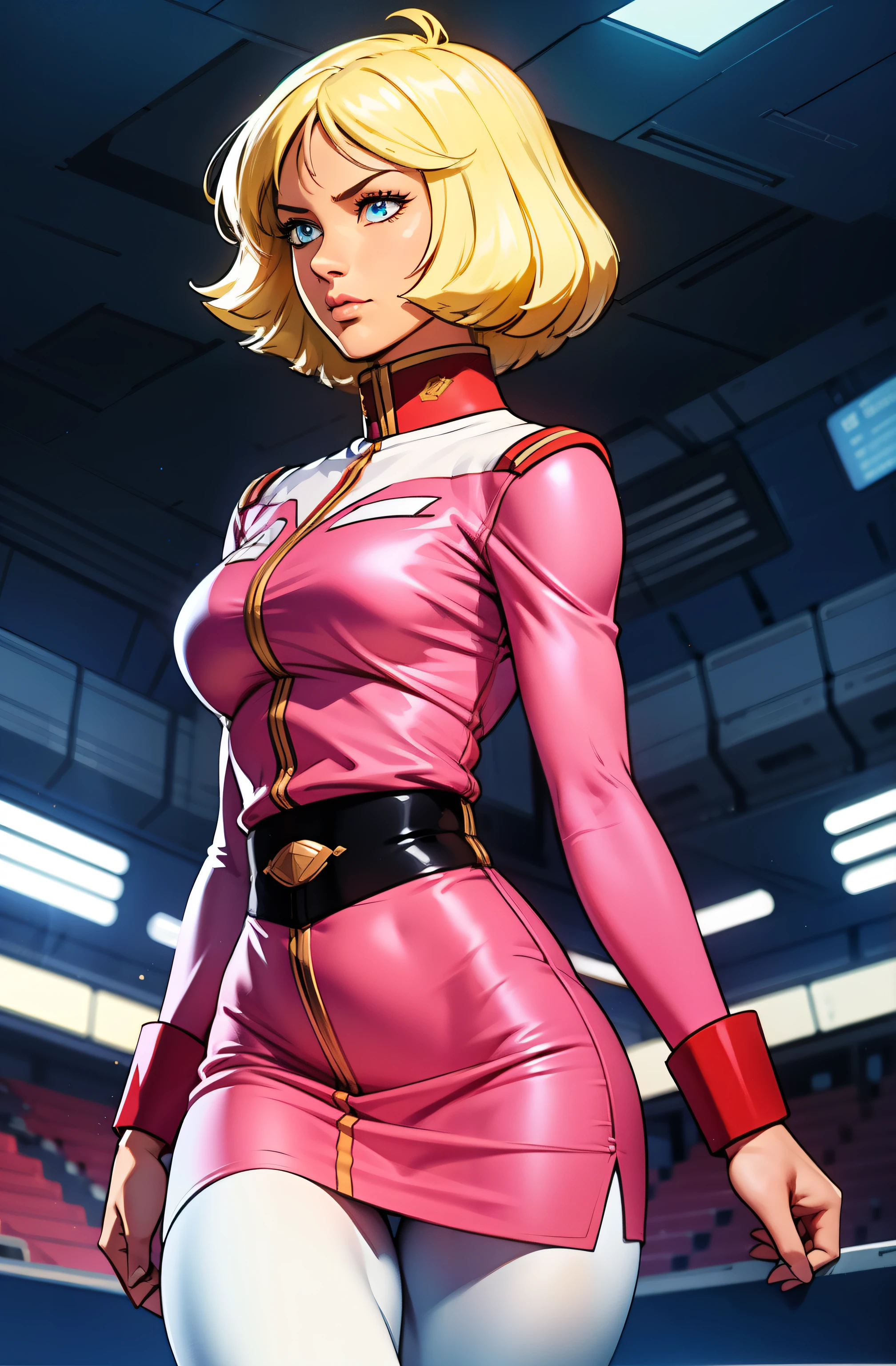 ((masterpiece)), ((cinematic lighting)), realistic photo、Real Images、Top image quality、1girl in, sayla mass, Elegant, masterpiece, Convoluted, slim arms, wide hips, thick thighs, thigh gaps, Best Quality, absurderes, high face detail, Perfect eyes, mature, Cowboy Shot, , Vibrant colors, soft pink uniform, soft pink Skirt, white tights, side view
