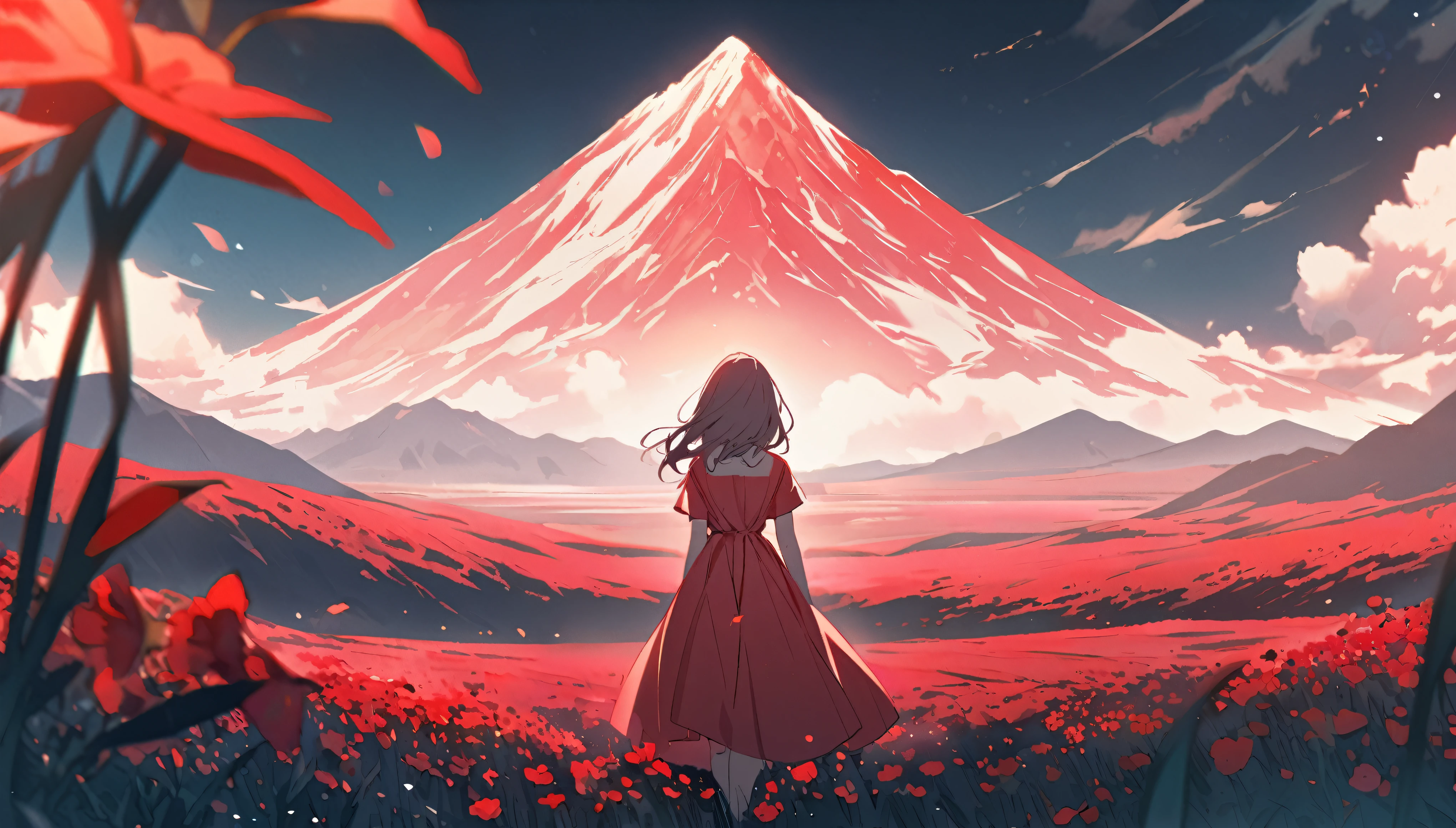 A girl wearing a pastel red dress, standing in a field full of beautiful red flowers, looking at a vast mountain from a distance.
