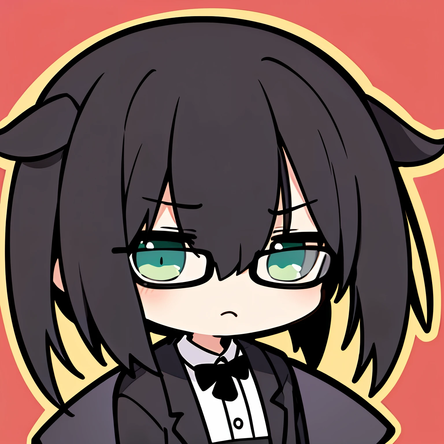 um personagem masculino no estilo chibi, com cabelos curtos e cacheados, rectangular glasses, negro dos olhos castanhos