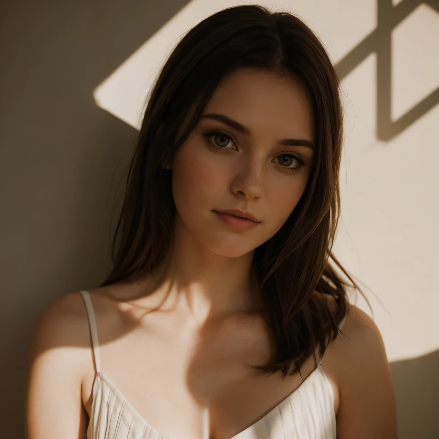 Slender brunette Irish woman, loose dress , soft lighting with shadows, portrait pose 