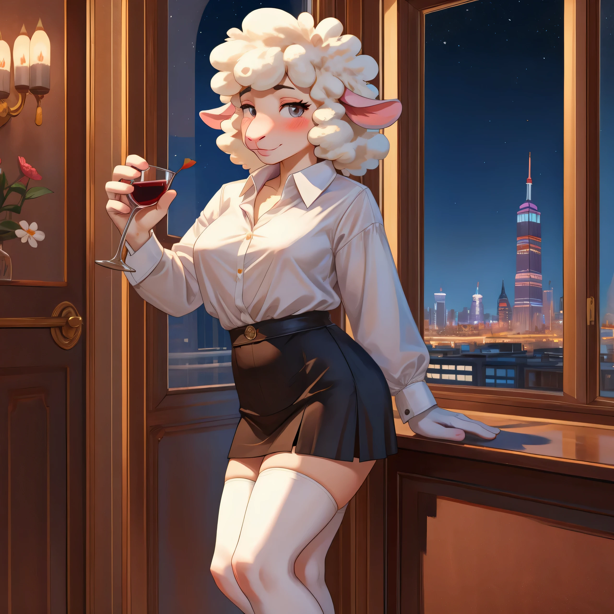 sheep, female, white blouse, black miniskirt, white gloves, white stockings, drinking wine, lean against wall, teasing, blush, smirk, on 32 floor, panoramic window, city behind window, night