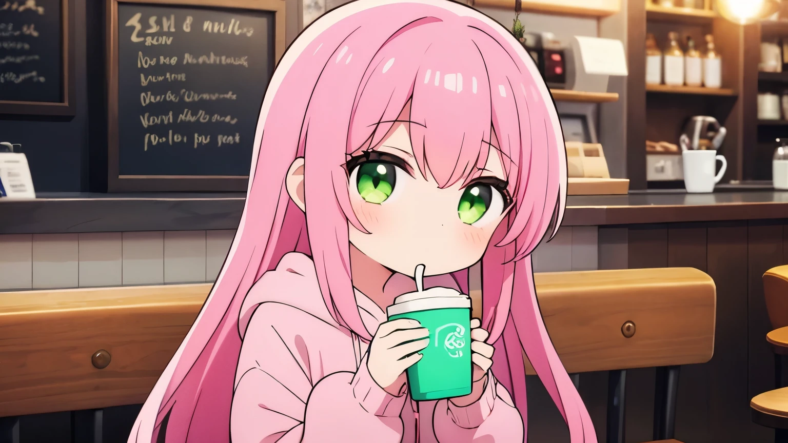 A girl with long pink hair and green eyes wearing a pink hoodie, Drinking coffee at a cafe