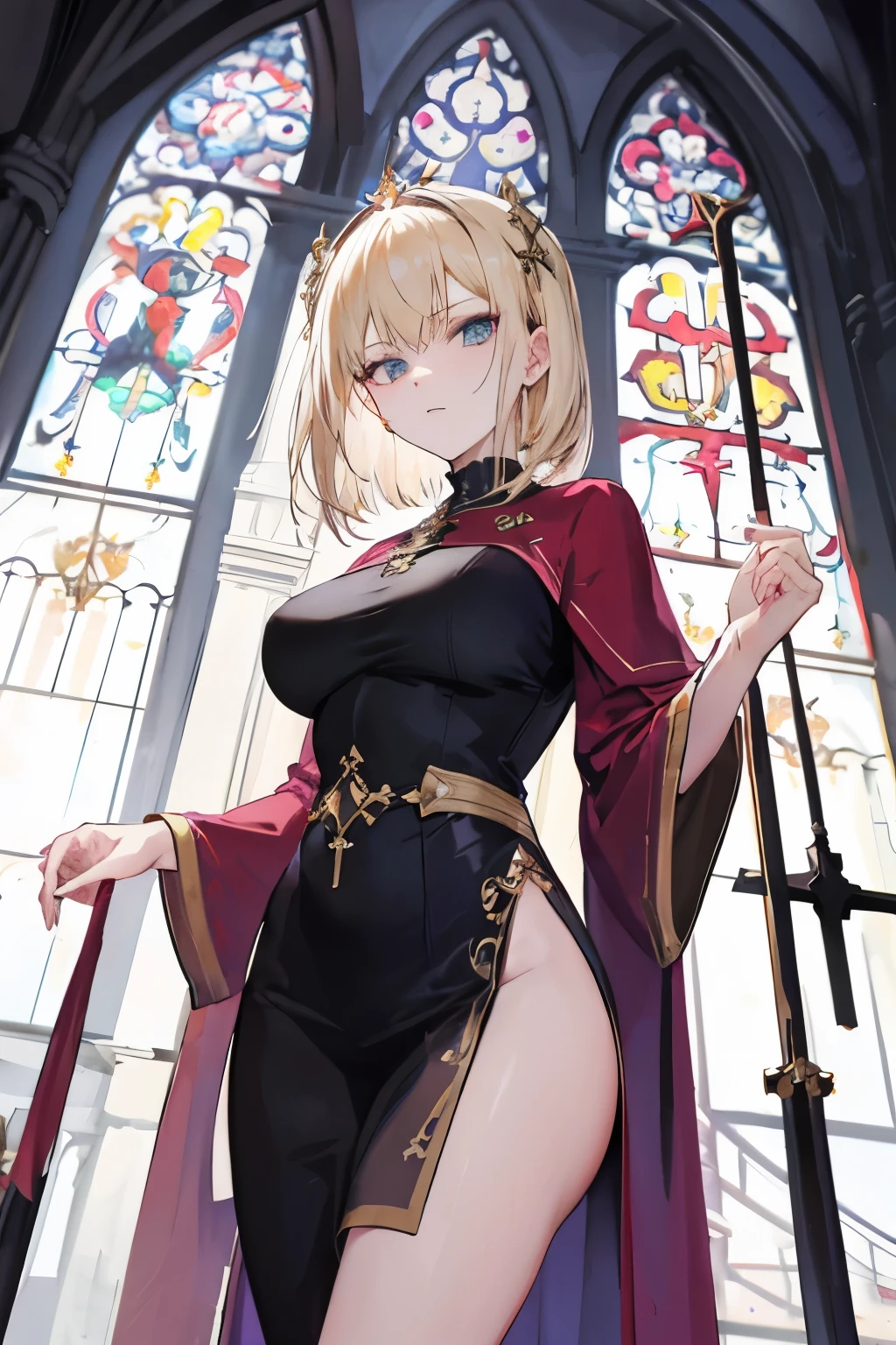 Personagem de anime feminina, cabelo dourado, She is a saint of the church and has an ecclesiastical appearance, she's hot, chamativa e atraente, your eyes are amber in color, her body is voluminous and she is imposing, olhar imponente. She is badass. Cabelo dourado, roupa sobre todos corpo, divine traits