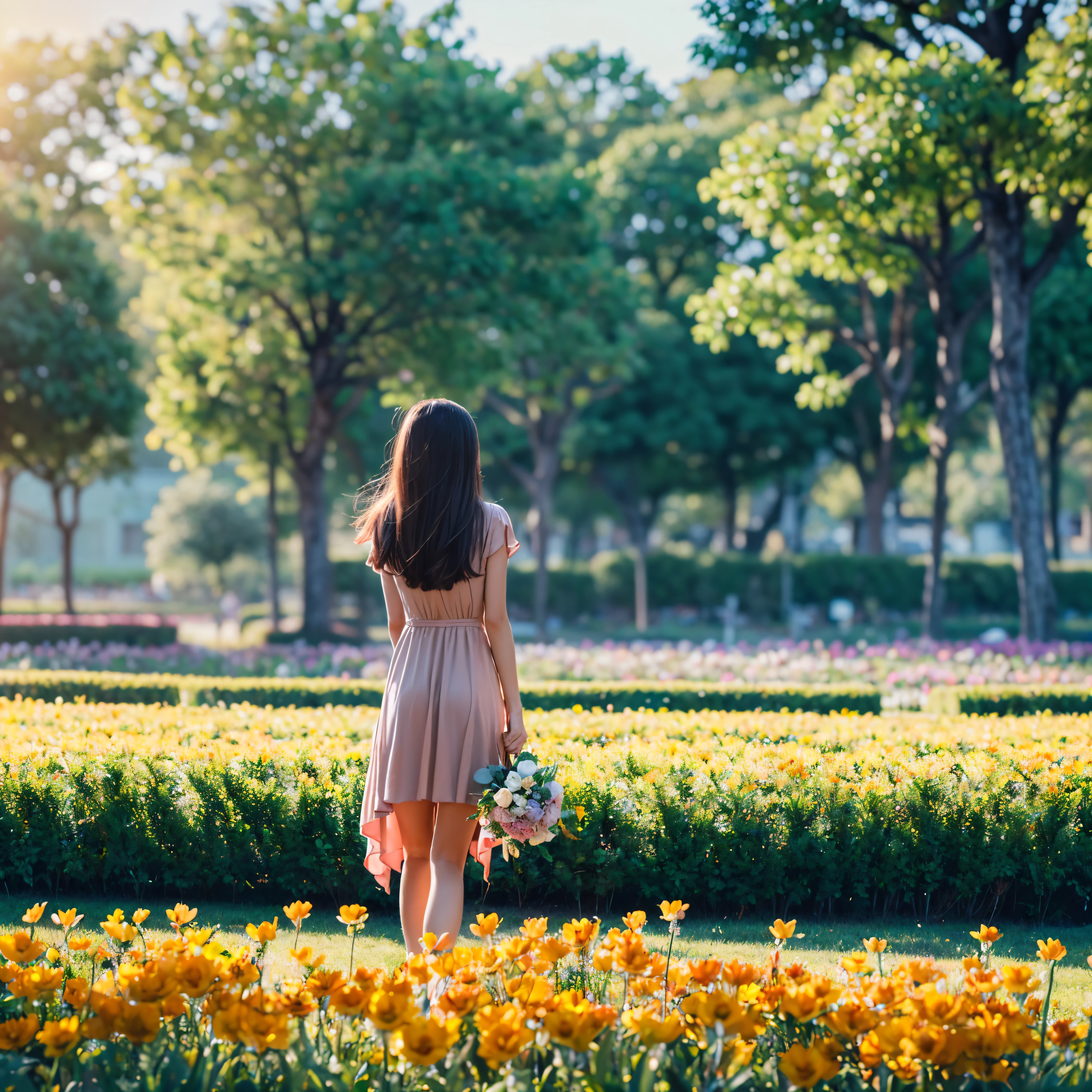 sunset, there is a little girl in a red and white dress holding a bouquet, girl in flowers, picking flowers, holding flowers, picking up a flower, girl standing in flower field, girl standing in a flower field, flowers on heir cheeks, girl in a flower field, portrait of girl in flower field, girl walking in forest, girl with a flower head. ((extremely wide shot:1.15)), a man on a bridge looking at a scifi city in the distance in the background, ((back view)), ((full body)), magnificent scene, detailed environment, highly detailed environmentdeep path Equirectangular Circuit (((epic UnrealEngine5 Ultra tMasterpiece ultra_high-definition ultra Professional Photorealistic optimal ultra_sharp-focus max ultra_high-quality opengl-shaders symmetrical ultra_high-details accurate reflex ultra_high-resolution perfection volumetric Cinematic_Sunlight improved Octane_render XT3 K DSLR 3dcg shadow, analogiques, extatiques, saturate, reflection))) dazzling Will-o'-the-wisp global luminescence --v 6 --s 1000 --c 20 --q 5 --chaos100