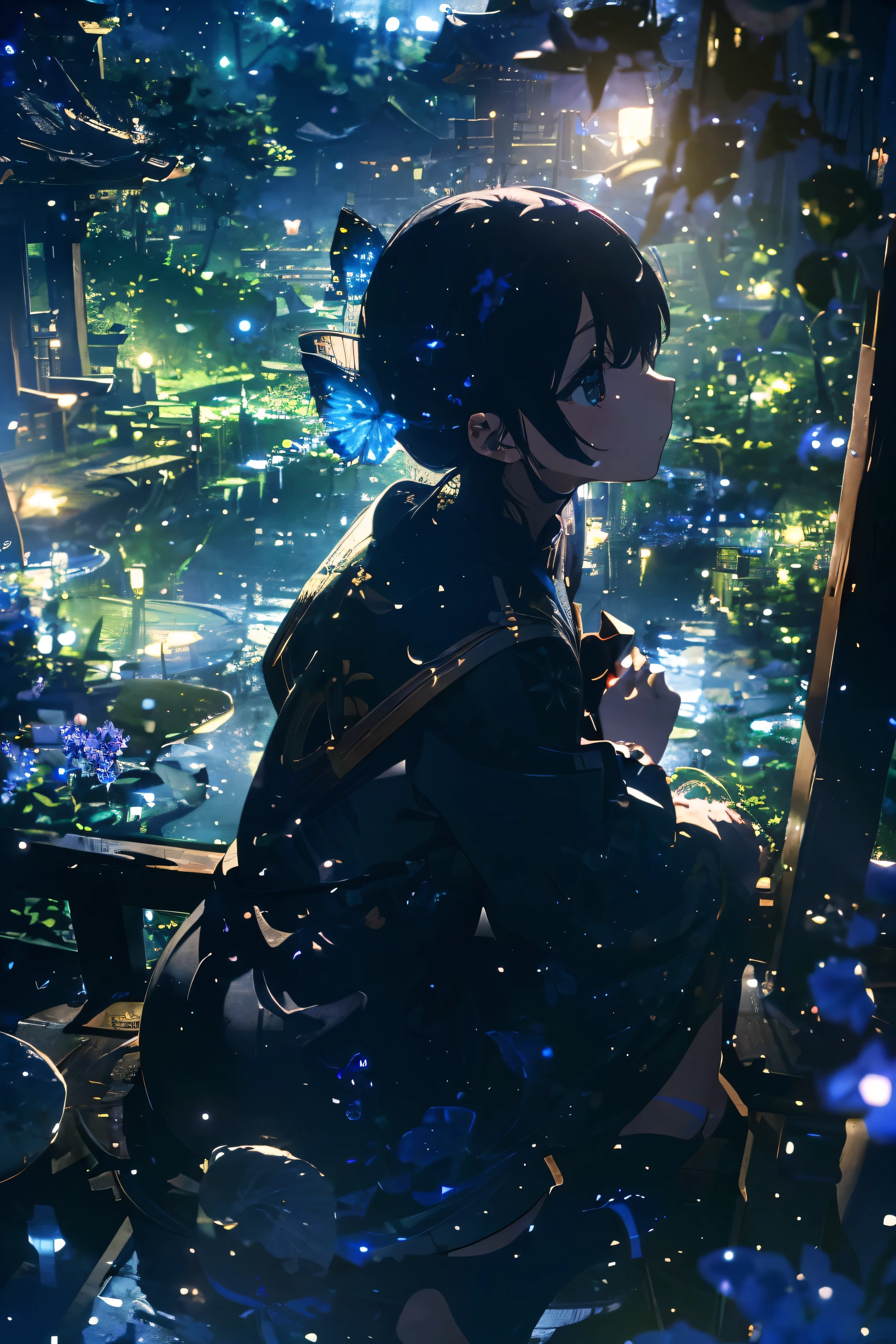 (Official art、Best Quality、Unity 8k Wallpapers、masterpiece、ultra-detailliert、超A high resolution:1.2)、(Ultra-detailed and complex 3D rendering)、Detailed beautiful face and eyes、A slender、Medium bust、(Full body:1.2)、(sideshot、Looking up at the moon、Looking away:1.2)、Fireflies are flying、(Mystical、moonlights)、beauitful face、blurry backround、20 year old beauty girl、Japan garden、cowboy shot、Sit on the porch、One full moon in the sky、Moon