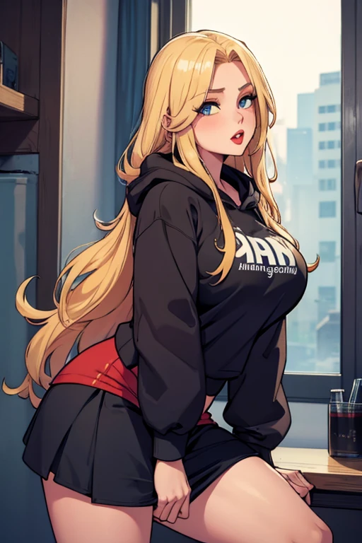 Girl with long blonde hair, hair down, red lips, big breasts, wearing a hoodie, mini skirt, leggings