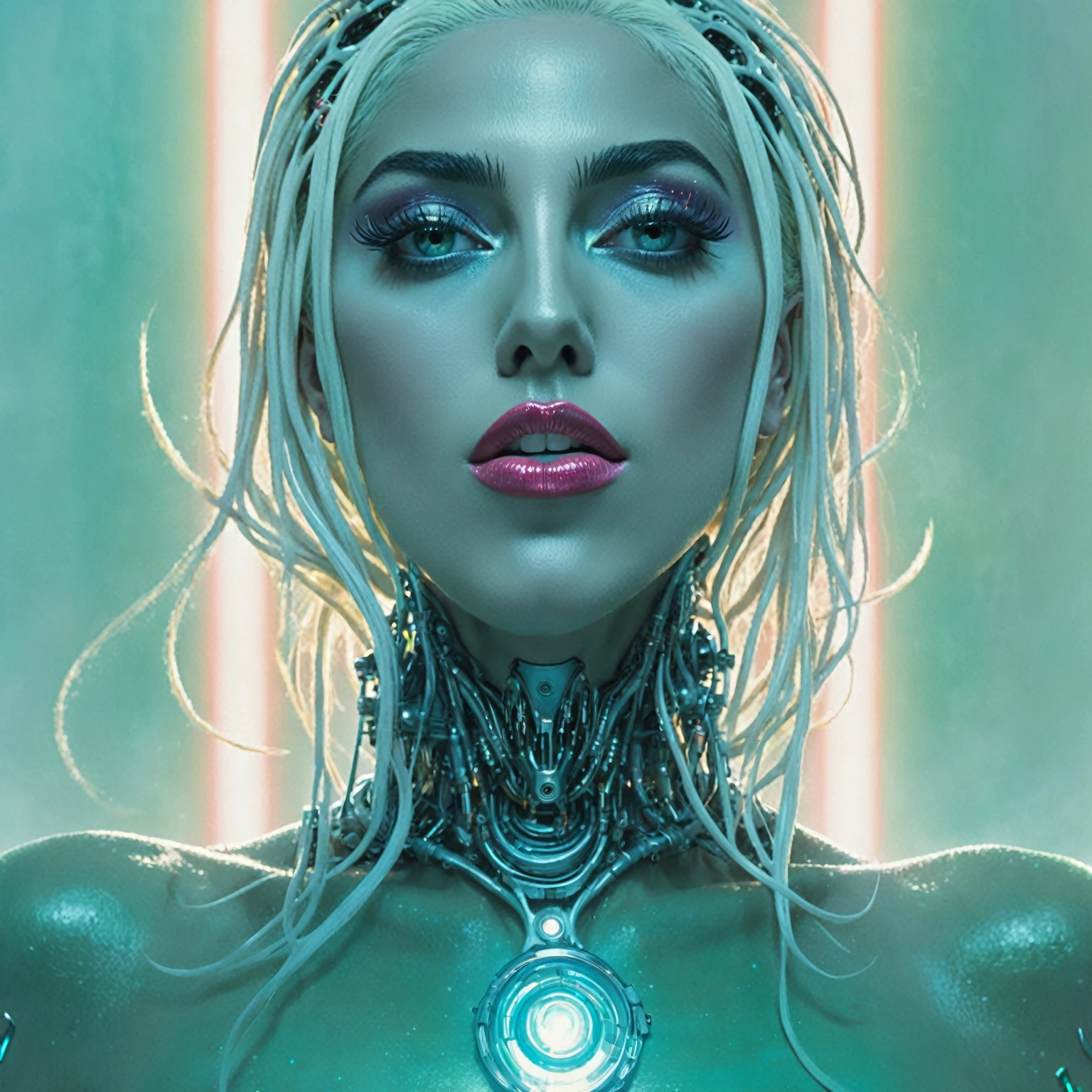 Lovecraftian Lady gaga, sexy cyborg body part, magazine cover, poster art , Lovecraftian creative creatures, hint of vibrant, bold huge text, matted design layout. technological elements, cosmic dread, noise background