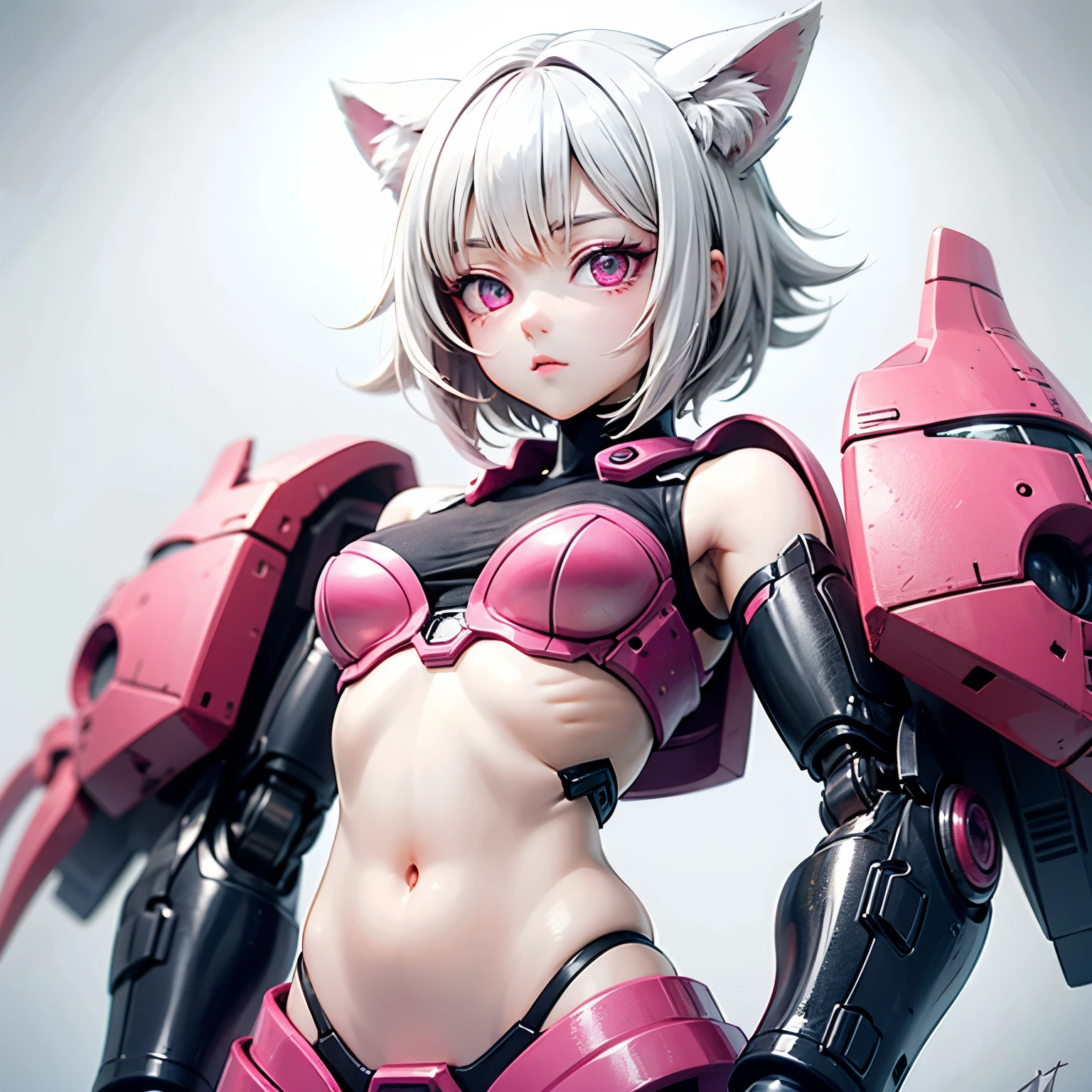 ((best quality)), ((masterpiece)), (detailed), perfect face. White hair. Short hair. Anime girl. Pink eyes. Nekomimi. Mecha. Belly.