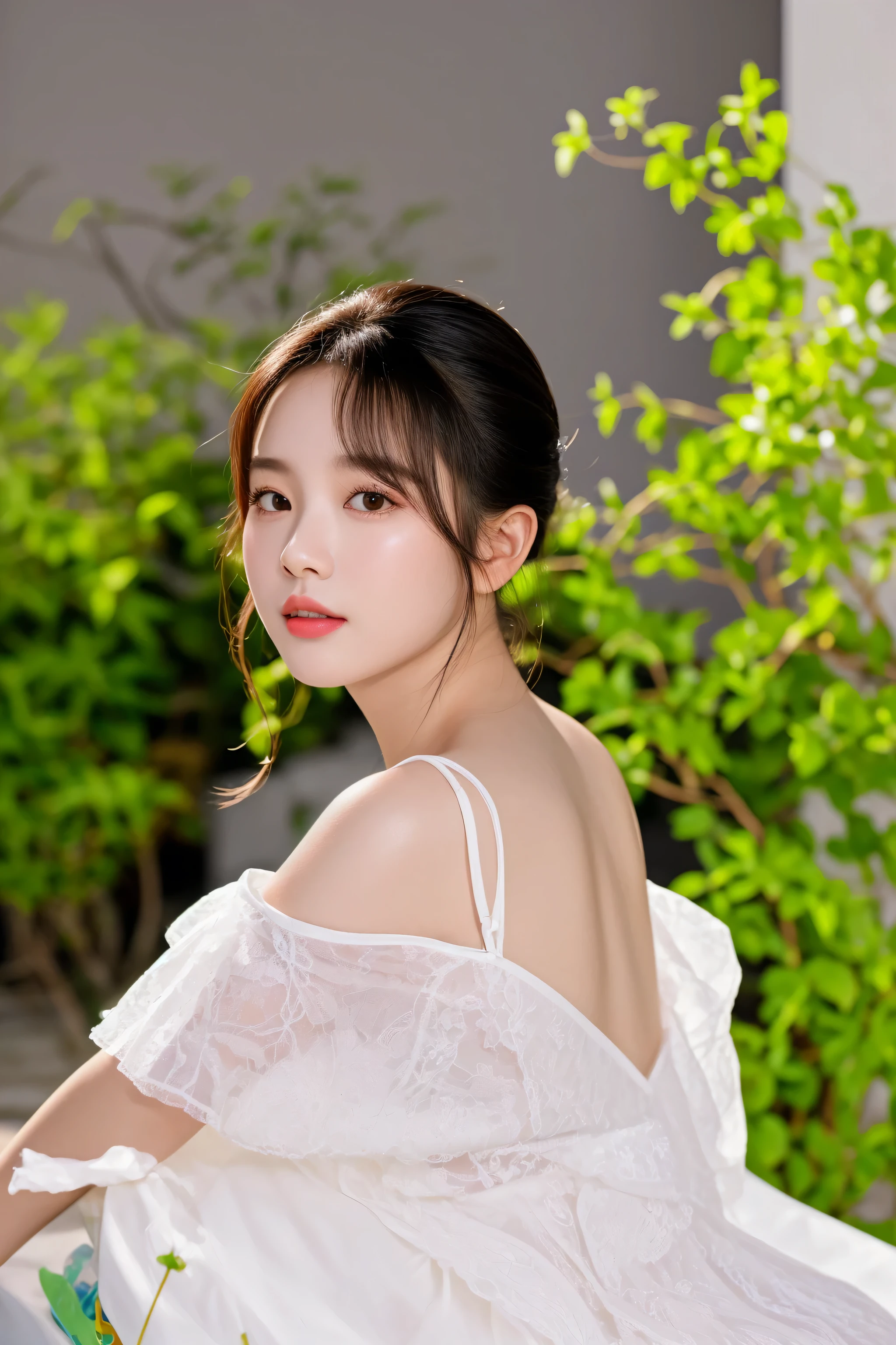 there is a woman sitting on a bench in a white dress, dang my linh, lalisa manobal, mai anh tran, portrait image, in style of lam manh, lovely delicate face, hoang long ly, captured on canon eos r 6, beautiful south korean woman, ao dai, soft portrait shot 8 k, a beautiful woman in white