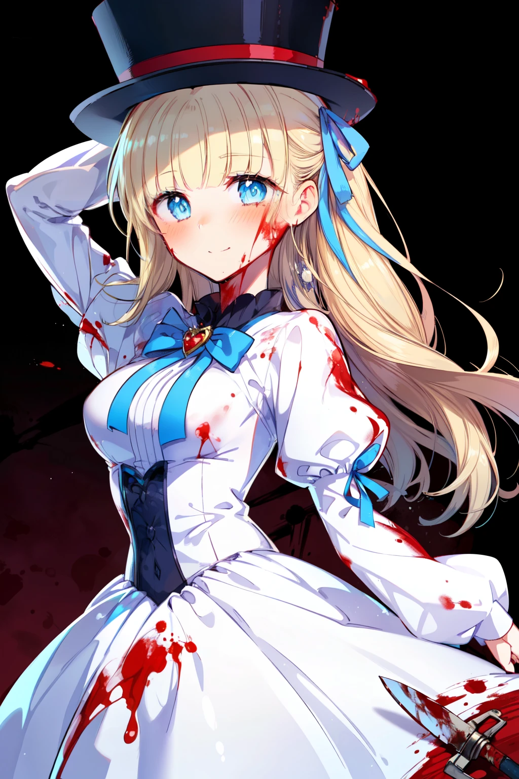 (1girl, solo), blonde hair, side ponytail, (blue eyes:1.5), long hair, (small breast:1.2), (hair ribbon, juliet sleeves, long sleeves, puffy sleeves, blood stained white dress:1.5, frills, top hat, black top hat, hat, hat flower,) looking at viewer, crazy smile, blush, ((blood, blood on arm, blood on face, blood on clothes, blood on hands)), holding knife, knife, indoor, (masterpiece:1.2), best quality, high resolution, unity 8k wallpaper, (illustration:1.5), anime style, (beautiful detailed eyes:1.6), extremely detailed face, perfect lighting, extremely detailed CG, (perfect hands, perfect anatomy), (dynamic pose, dynamic angle:1.1), nadja, red heart brooch, jewelry, serial killer, slasher,