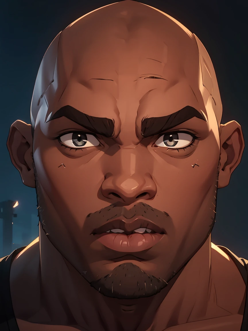 huge muscualar black dude, wide body, black skin, wide mouth, large lips, bald, flat wide nose, tall, ((close up of face))