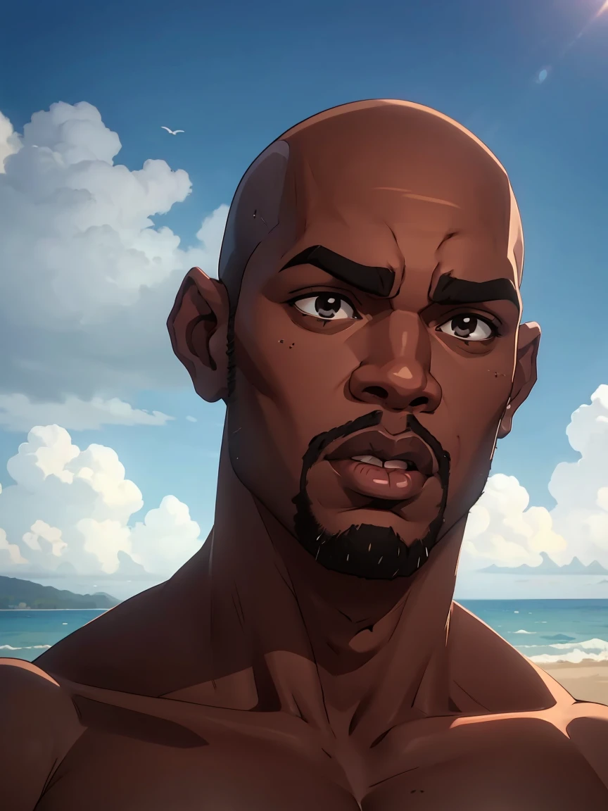 huge muscualar black dude, wide body, black skin, wide mouth, large lips, bald, flat wide nose, tall, ((portrait)), at beach