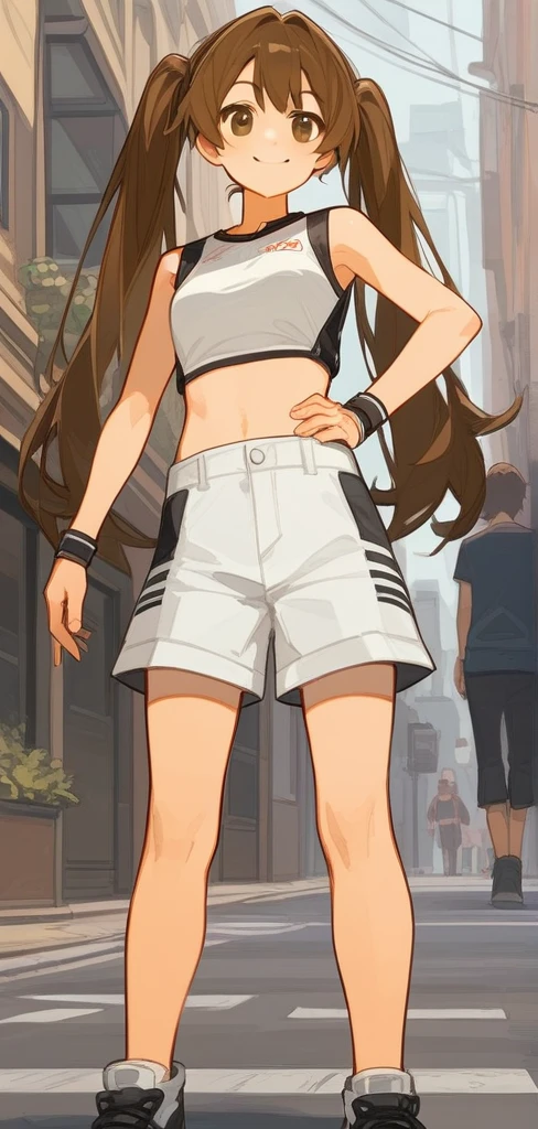 score_9, score_8_up, source_anime, masterpiece, best quality, BREAK 1girl, hand on hip, crop top, shorts, brown hair, twintails, brown eyes, smile, street, rating_safe