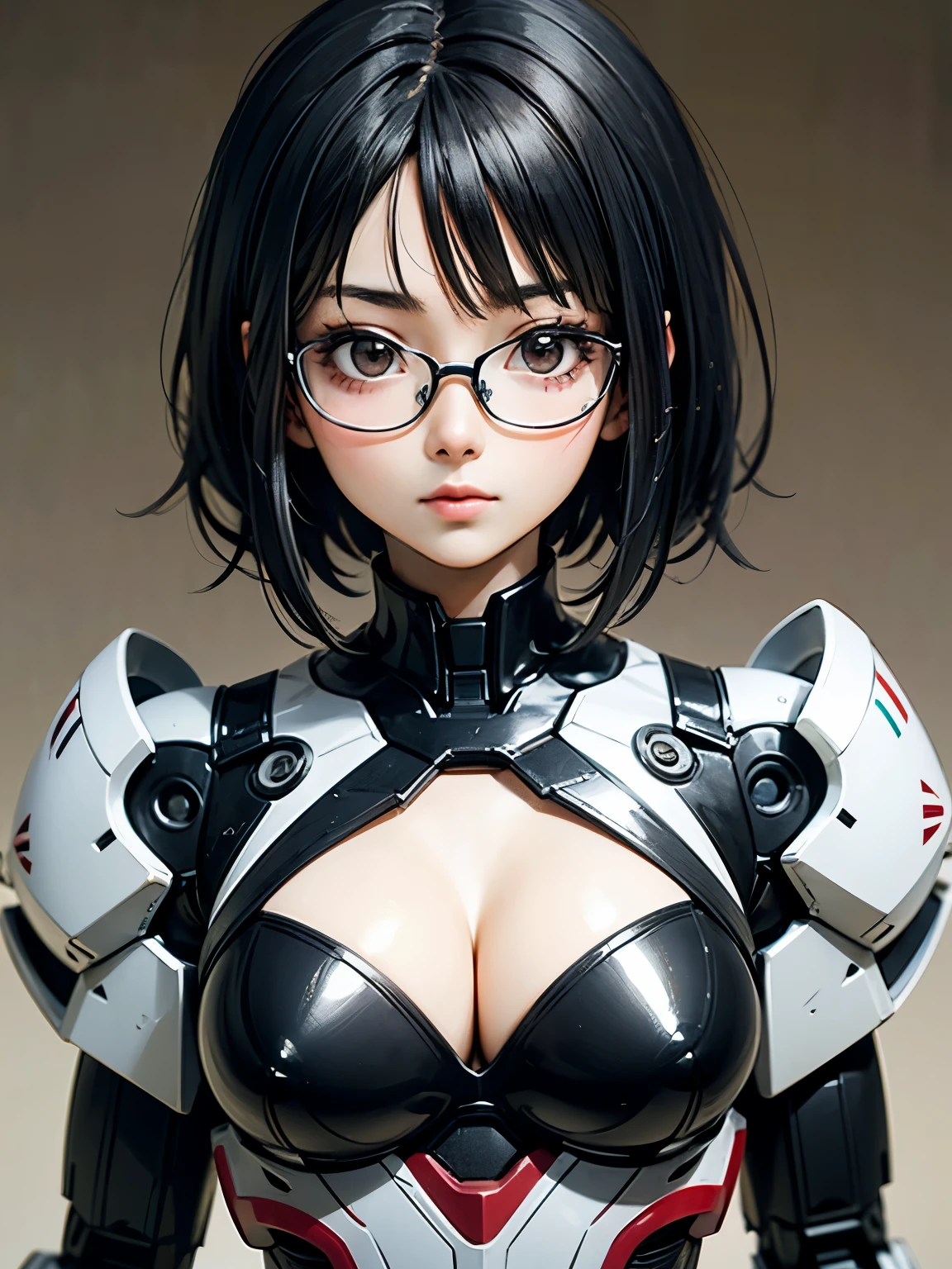((best quality)), ((masterpiece)), (detailed), perfect face. Black hair. Short hair. Anime girl. Asian girl. Black eyes. Glasses. Mecha. Cleavage.
